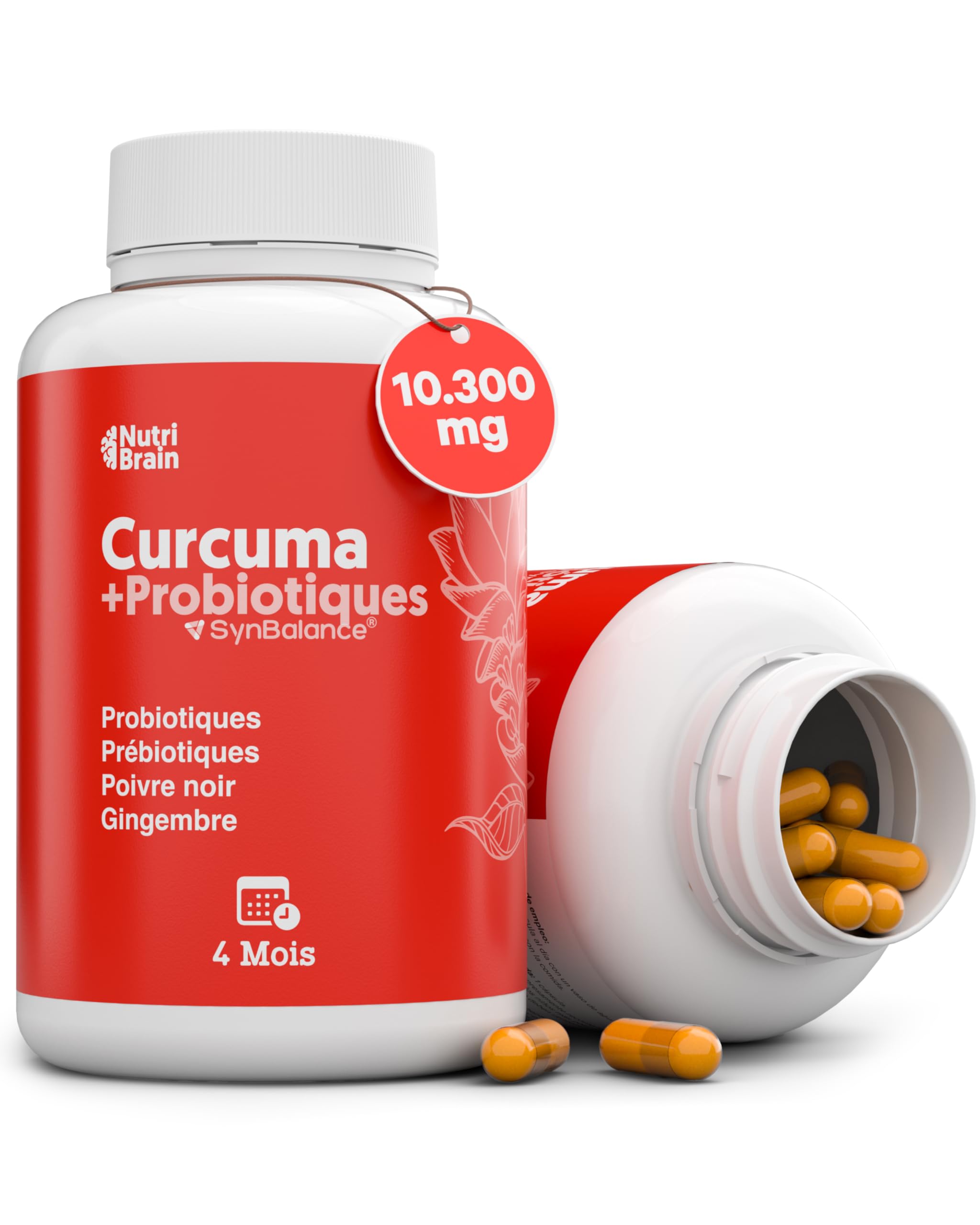 Curcuma avec PROBIOTIQUES et PRÉBIOTIQUES | Très Haute Concentration (>95%) | 10300 mg | Anti-inflammatoire pour le Bien-être Articulaire, Musculaire, Osseux et Digestif | 125 jours | 1 gélule/jour