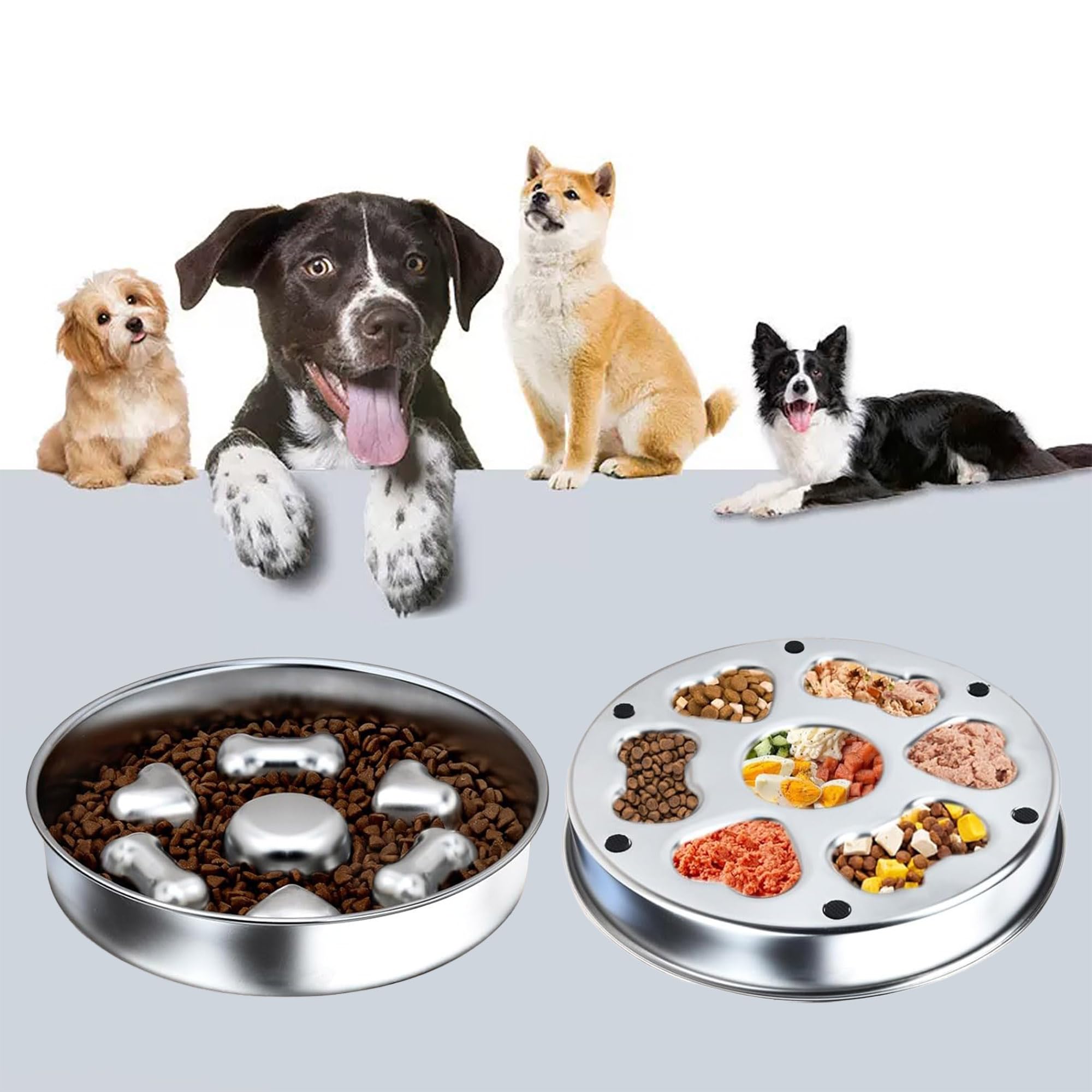 2 in 1 Slow Feeder Dog Bowl Stainless Steel, Medium Breed 2-Cups Slow Down Eating Dish, Dog Cat Food Bowls for Small & Medium Sized Dog (Dual-Purpose