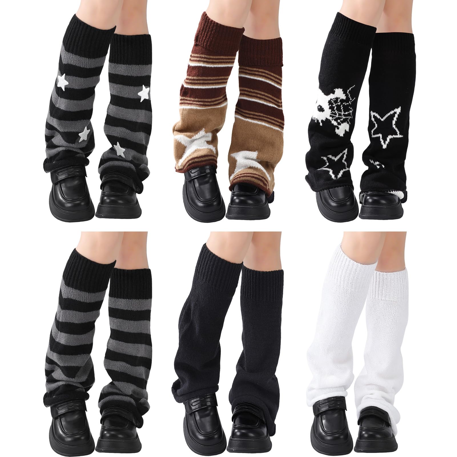 Leg Warmers for Girls Women 6-Pack Star Skull Print Two Side Wear Knitted Flared Long Leg Sleeves Socks