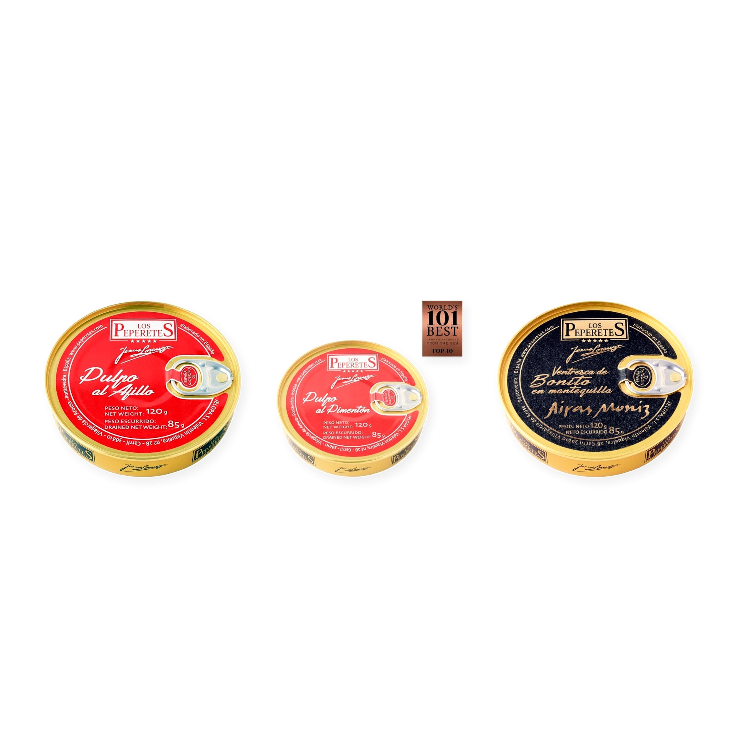 los peperetes conservas Pulpo Ajillo, Pulpo Pimentón y Ventresca Bonito Mantequilla pack 3 latas