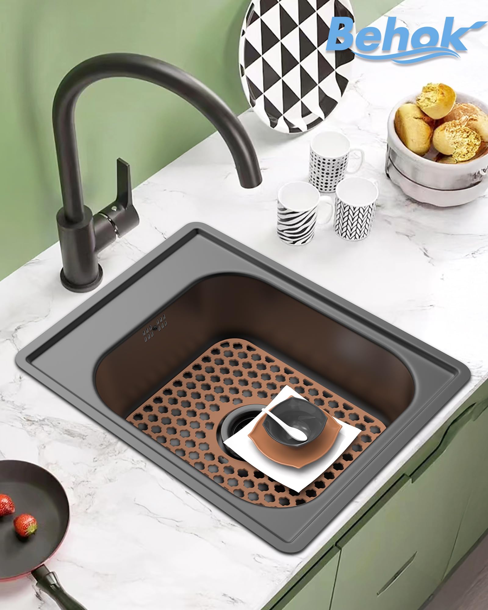 BEHOK 2 Pack Silicone Sink Protector for Kitchen Sink, Lozenge Pattern 12 x 11 inches Sink Grid Mat Silicone Dish Rack, Center Drain, Coffee