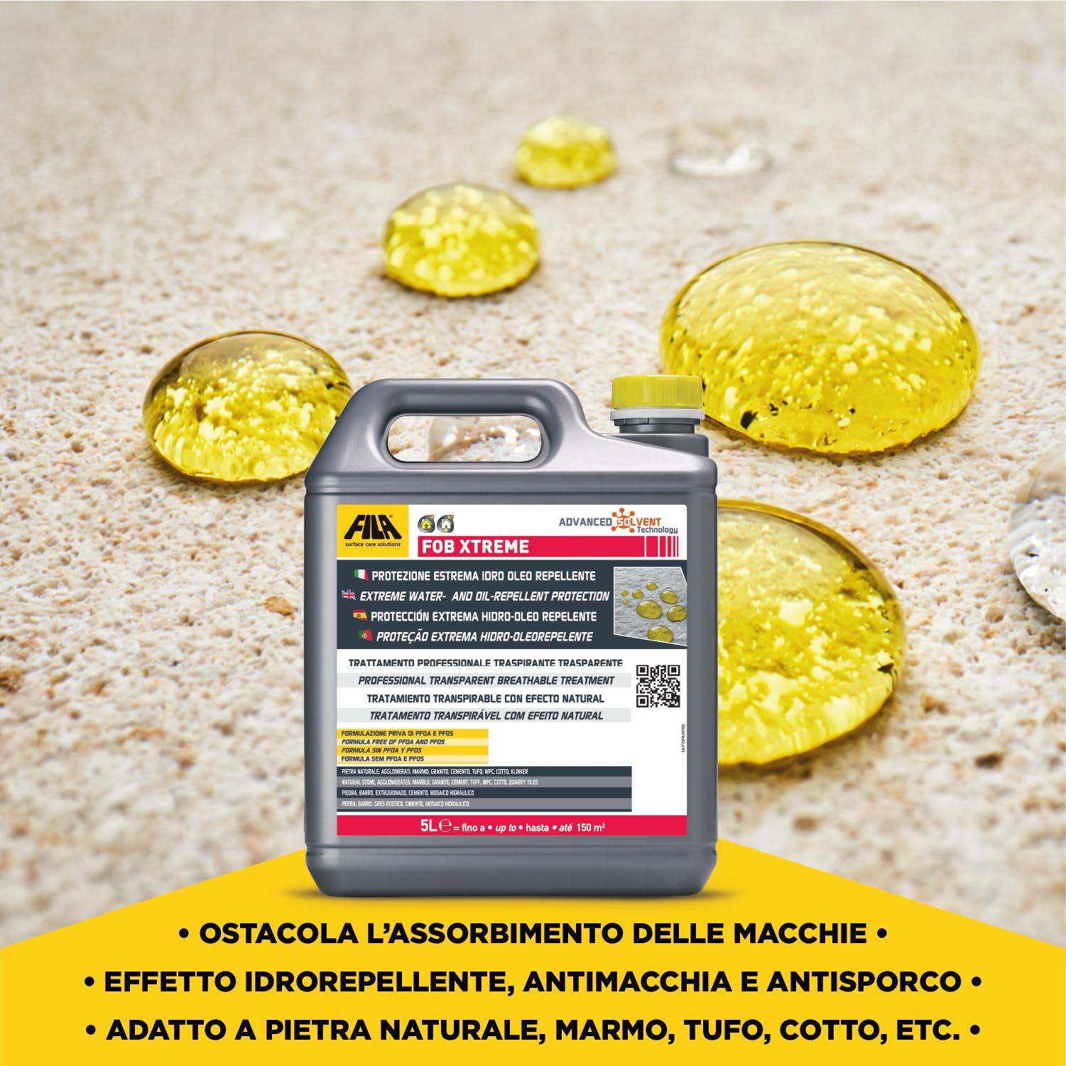 FILA Surface Care Solutions, FOB XTREME, Protettivo Antimacchia Traspirante ad Alta Performance, Blocca l'Assorbimento di Sostanze Oleose, Grasse (oli, sapone, shampoo), Colorate e Acqua, 5L