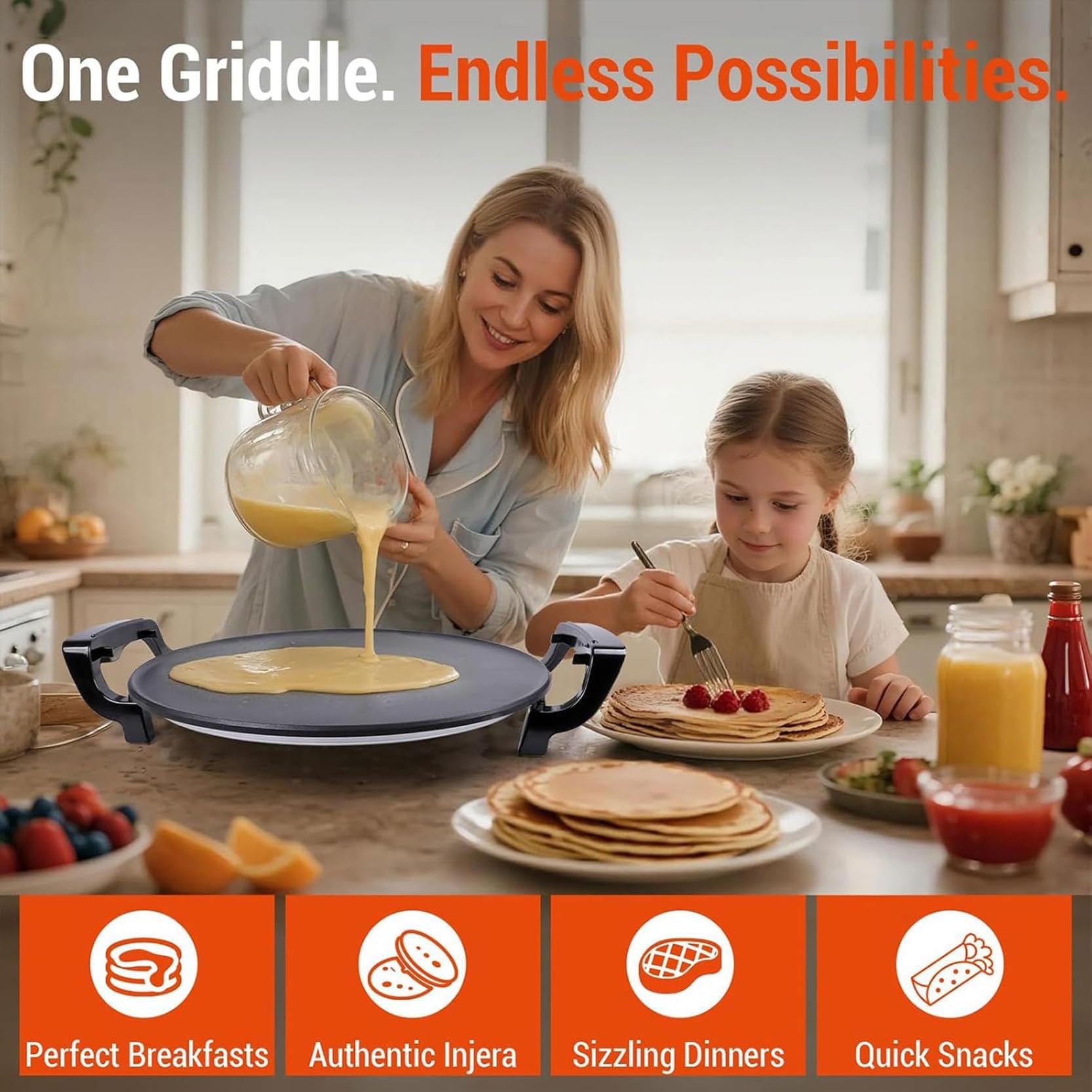 Crepe Maker Elettrico 1700W con Coperchio in Acciaio Inossidabile, griglia Antiaderente per injera e focacce, Display Digitale a Temperatura Regolabile