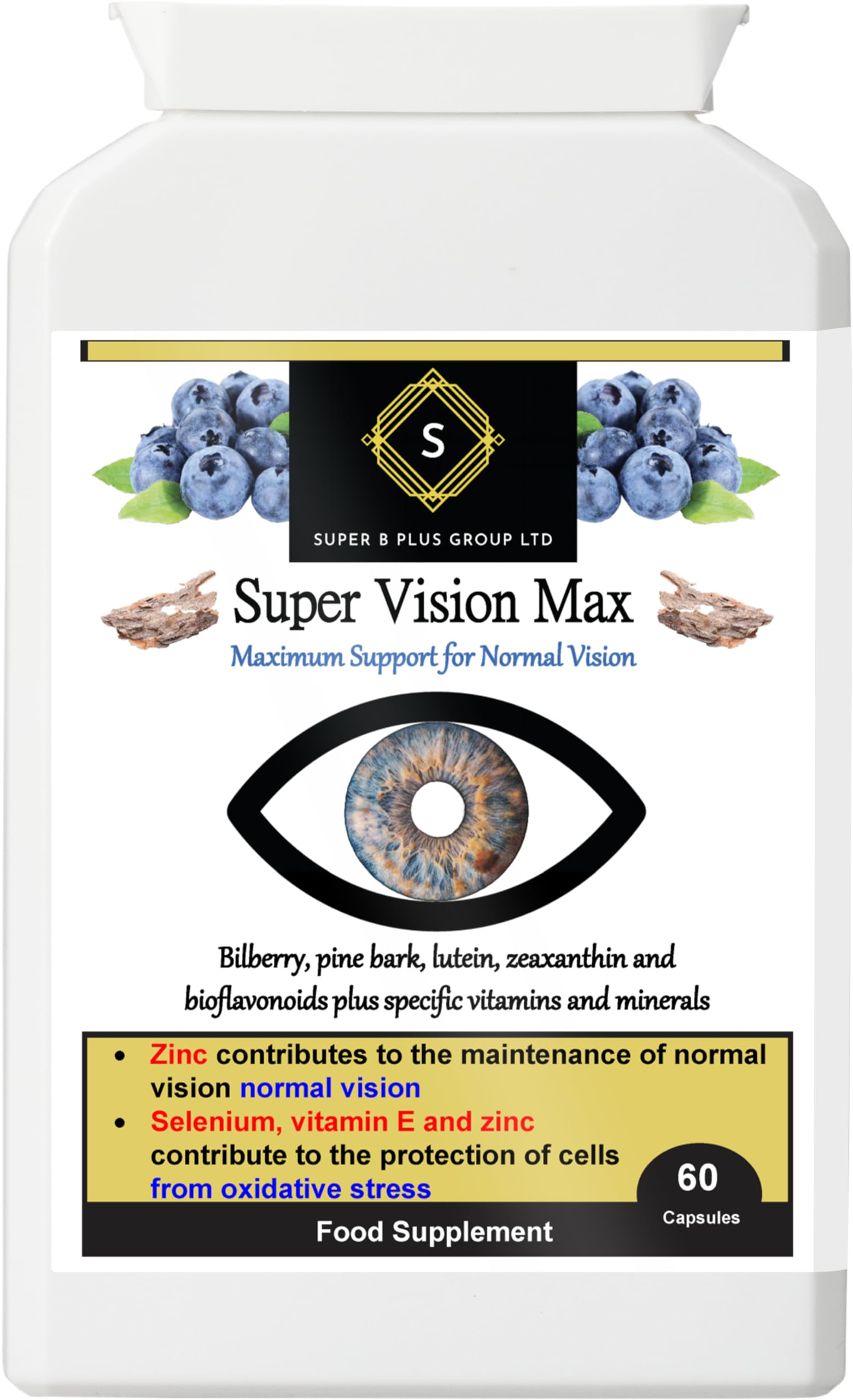 Super Vision Max - Lutein, Zeaxanthin, Bilberry & Pine Bark Extract - 60 Vegan Eye Health Capsules - Super B Plus Group Ltd