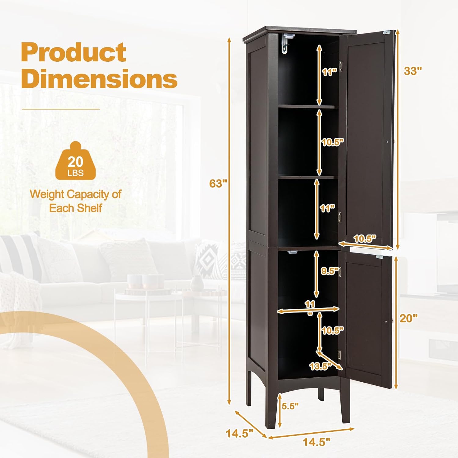 COSTWAY Tall Bathroom Storage Cabinet, 5-Tier Freestanding Linen Tower Cabinet with 2 Doors, Wooden Side Storage Organizer, Narrow Slim Floor Cabinet for Bathroom, Living Room, Kitchen (Brown)