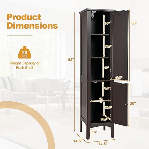 Miniatura 3 de COSTWAY Armario alto de almacenamiento para baño, gabinete de torre de lino independiente de 5 niveles con 2 puertas, organizador de almacenamiento
