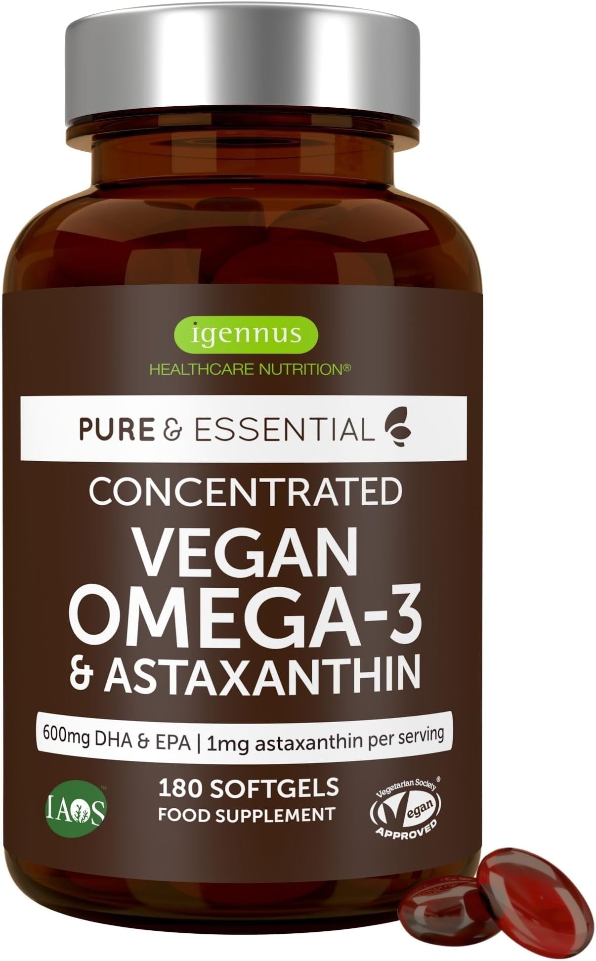 Igennus Vegan Omega 3 Algae Oil, EPA DHA 600mg, 180 Softgels