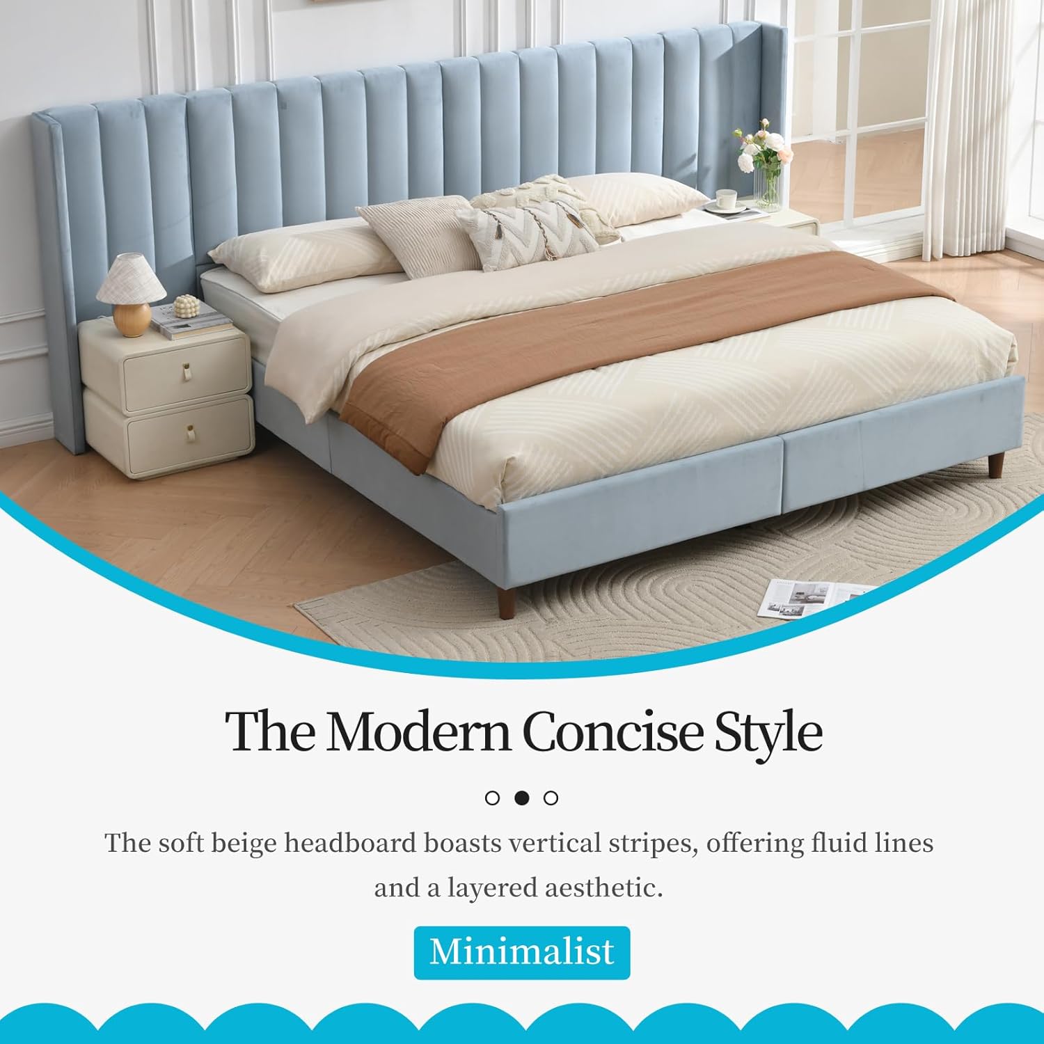 YUHUASHI King Size Bed Frame, with a 102-inch Wide Modern and Simple Geometric Double-Wing Headboard, Stable Wooden Slat Support, No Need for a Spring Box, Easy Assembly. (Blue, King)