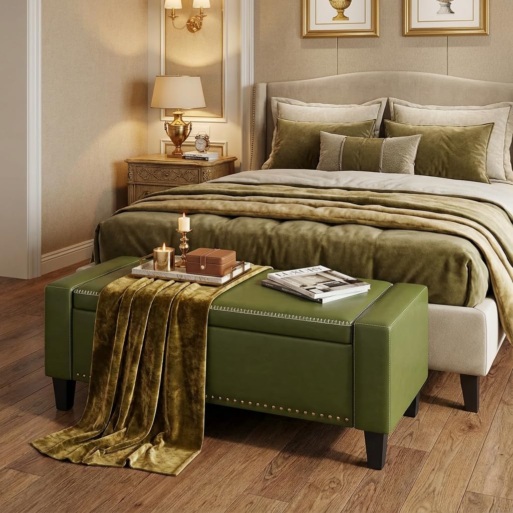 49''W Storage Ottoman Bench, 30 Gallons End of Bed Bench, Faux Leather, Mid Century Modern, Upholstered Bench with Storage and Seat for Entryway, Living Room, Holds up to 350 lb, Green