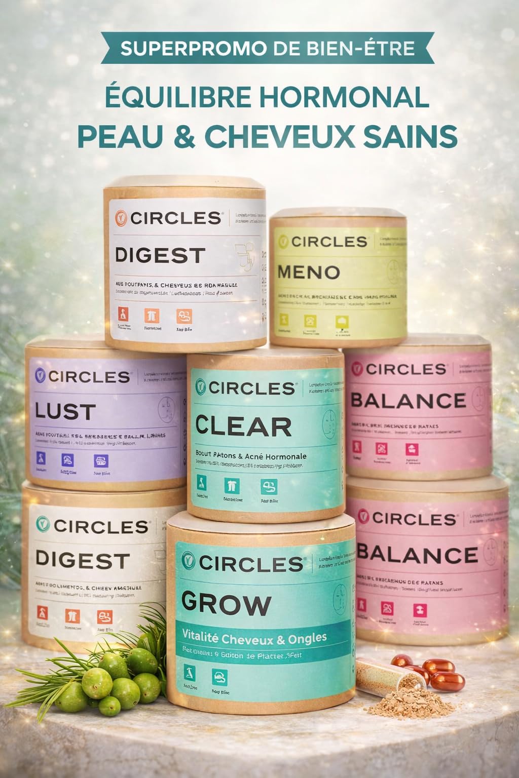 Circles GROW Integratore Capelli e Unghie Donna Biotina Selenio Ferro Serenoa Repens Equiseto Silice Vitamine B3 B5 B6, Senza Zuccheri Aggiunti, 30 Capsule Vegan Made in France