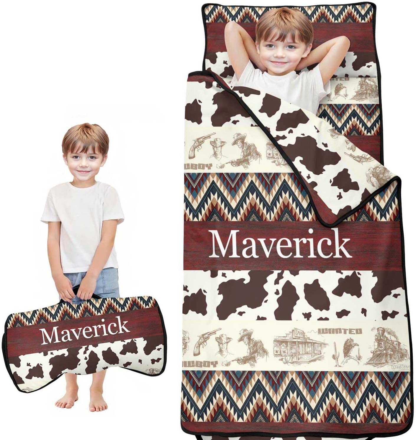 Personalized Western Cowboy Style Nap Mat Set with Name, Sleeping Bag for Boys, Customized Toddler Bed Mattress for Kids, Slumber Bags for Preschool, Daycare or Kindergarten, Toddler Sleep Sack