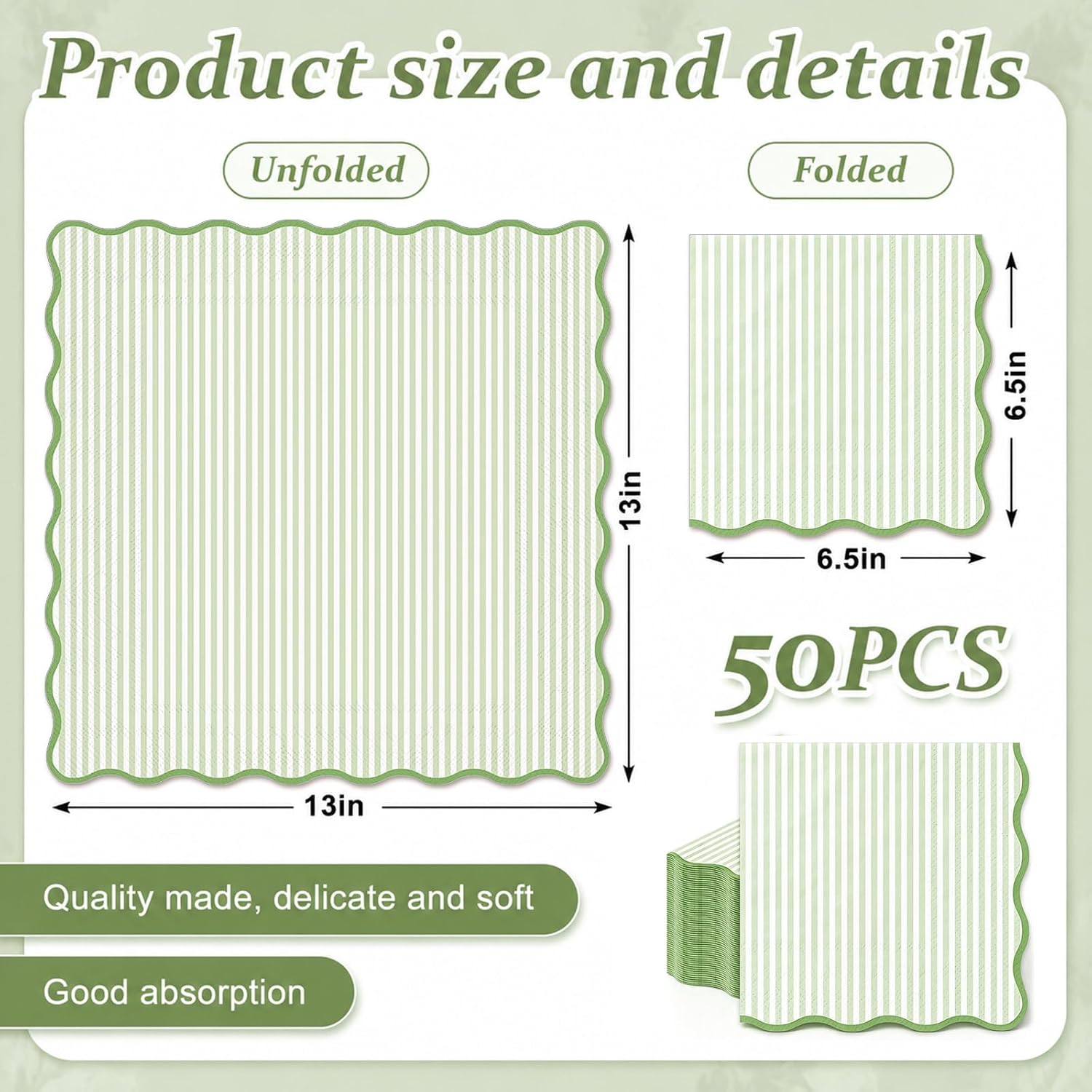 Whaline 50 Pcs Sage Green Striped Paper Napkins Disposable Napkins Green Stripe Scalloped Luncheon Dinner Napkin for Birthday Baby Shower Party Table Supplies image 2
