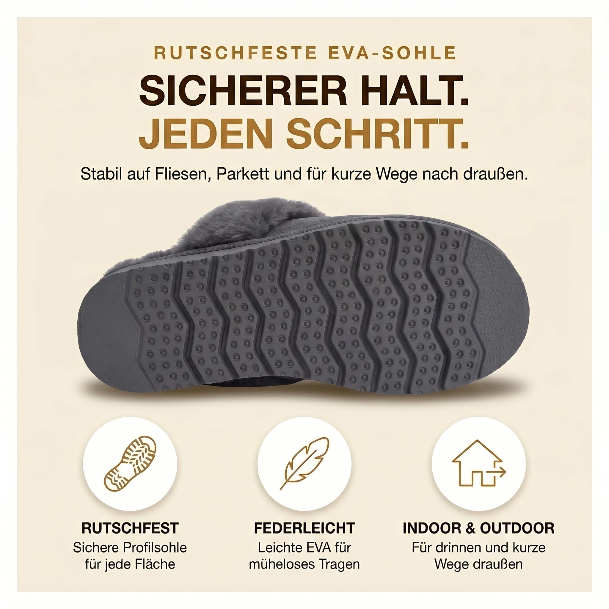 Rohn Moden Lammfell Hausschuhe Damen– Talea – Warme Hausschuhe Damen mit Schaffell & rutschfester EVA-Sohle – Winter Pantoffeln für zuhause – Slipper gefüttert - Braun Rose Grau