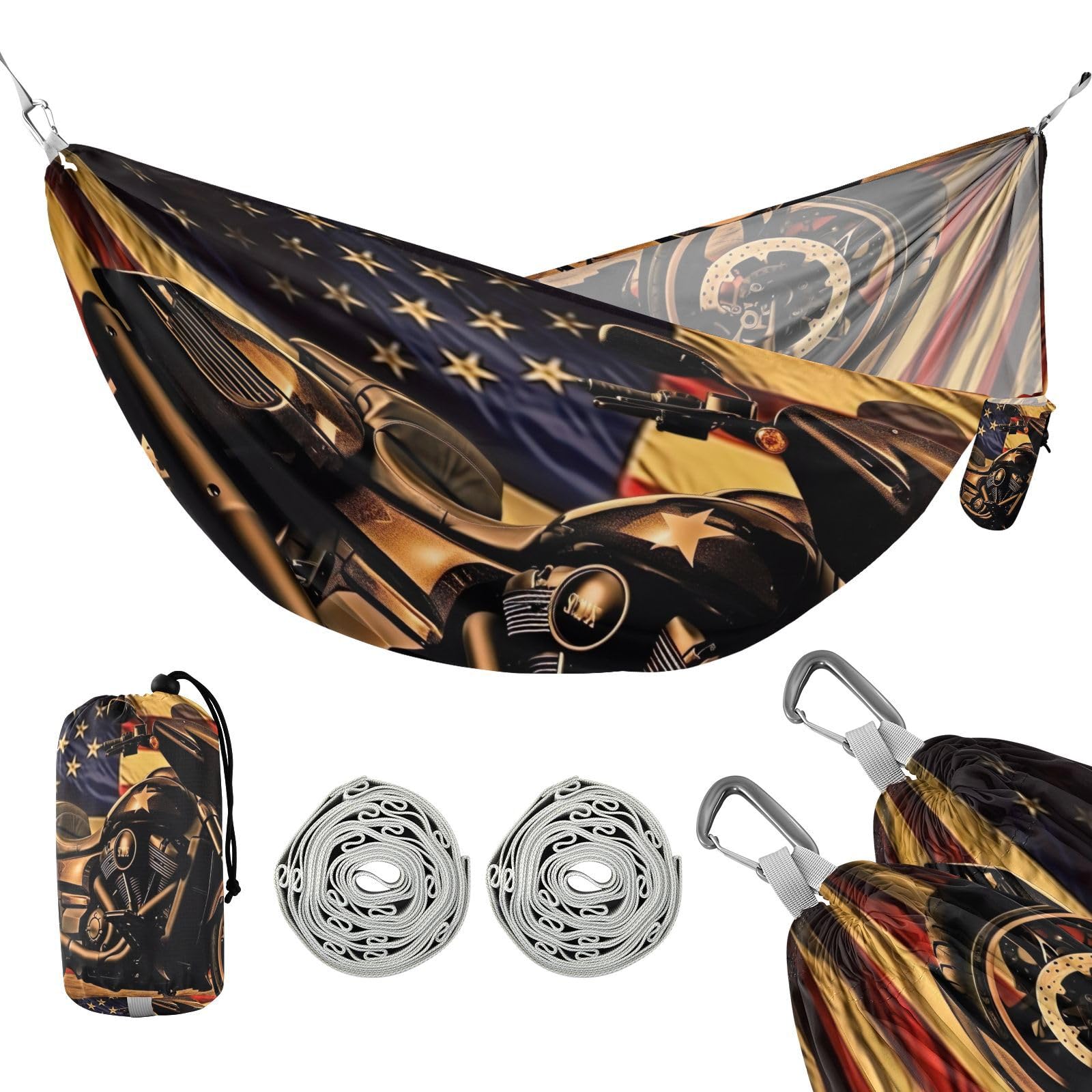 SDMKA Vintage Motorcycle Flag Camping Hammock, 330 lbs with 2 Tree Straps, Carry Bag, Single Portable Hammock for Outdoor/Indoor, Hiking, Beach, Backpacking, Travel
