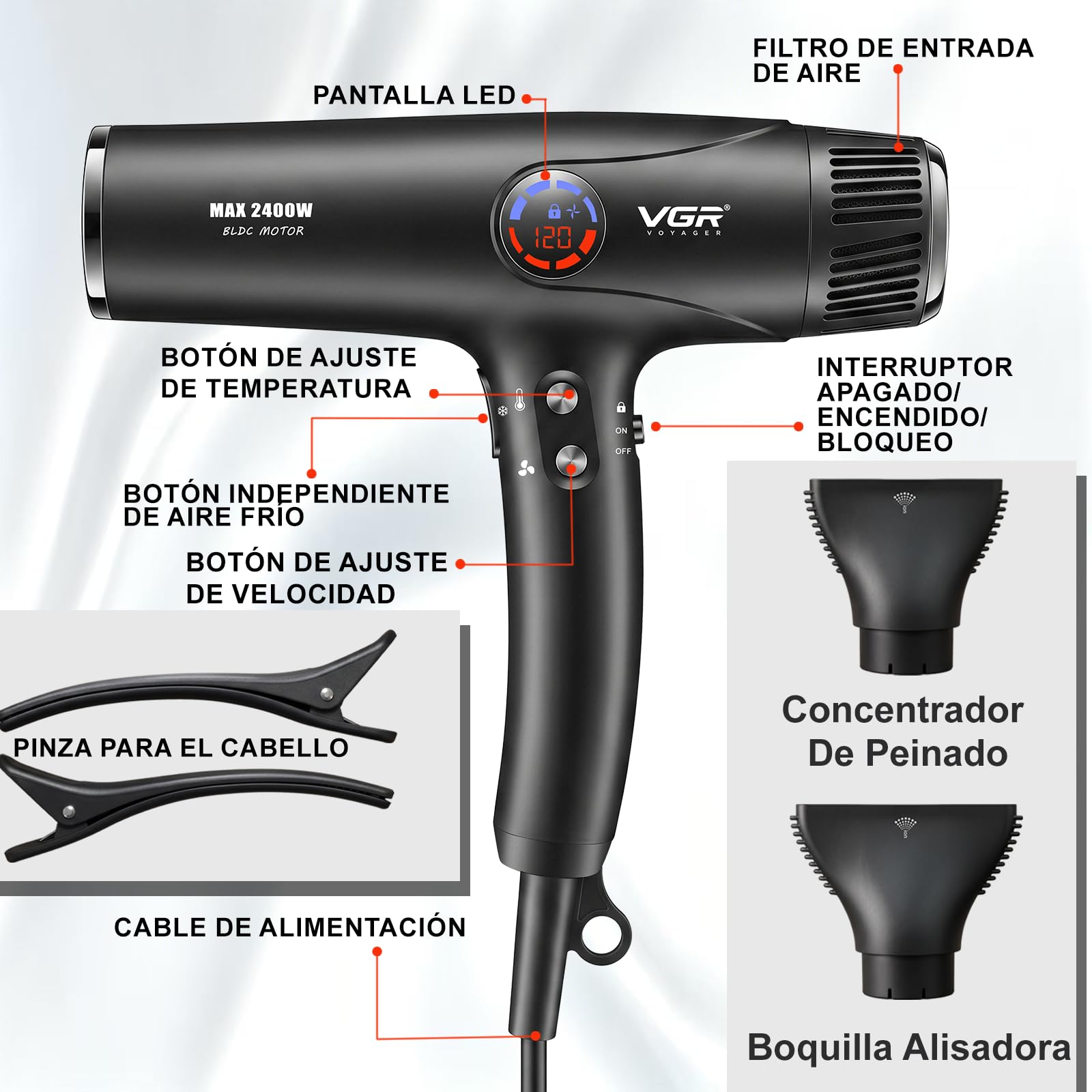 VGR 469 Secador de Pelo Profesional, Motor BLDC 2400 W, Secado Rápido | Incluye difusor, botón de aire frío, 4 temperaturas, pantalla LED y función de bloqueo