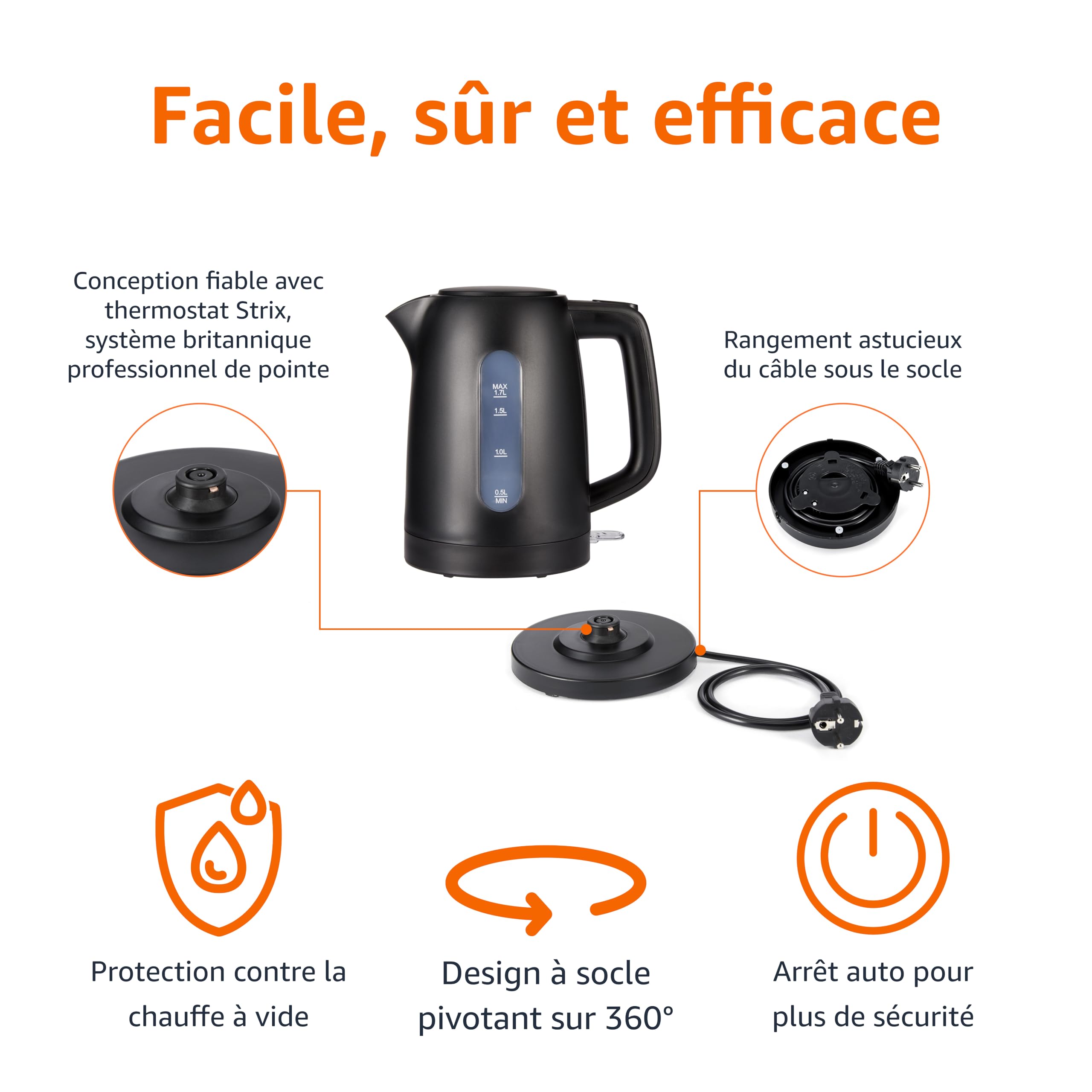 Amazon Basics Bouilloire Électrique 1,7L 2200W Sans BPA Base 360° Noir Mat