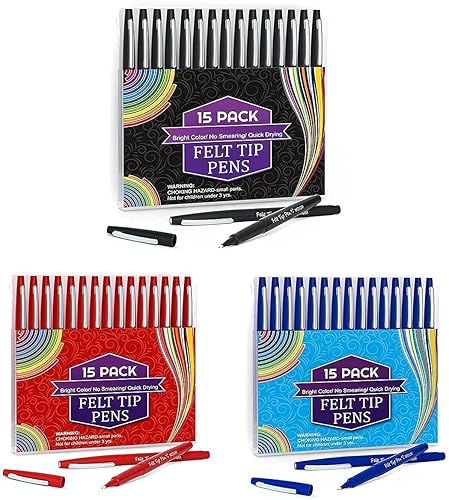 Lelix Bolígrafos de punta de fieltro, 15 bolígrafos negros y 15 azules y 15 rojos de punta media, bolígrafos de fieltro para diario, escritura, toma