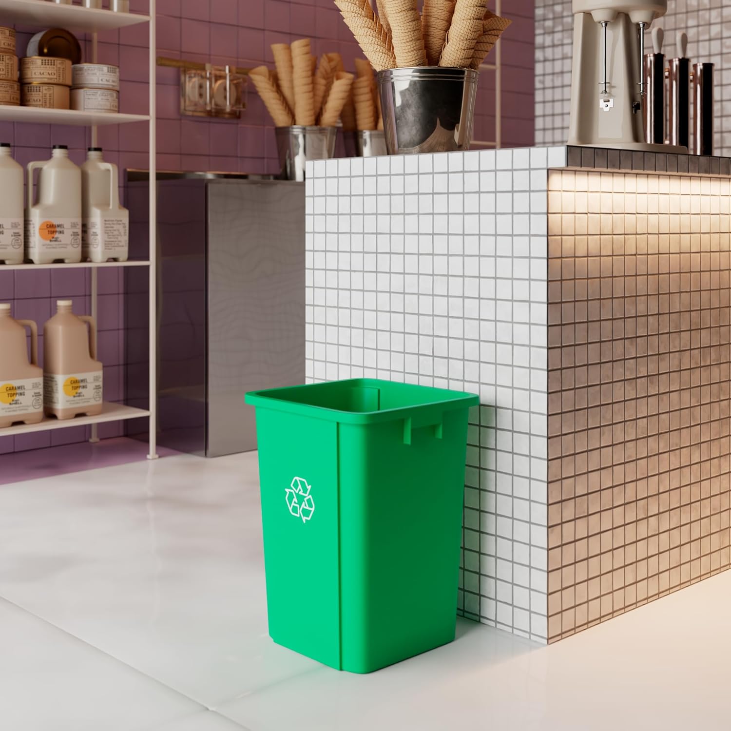 19 Gallon Green Recycle Square Commercial Garbage | Trash Can - Office, Outdoor, Restaurant, Kitchen, School