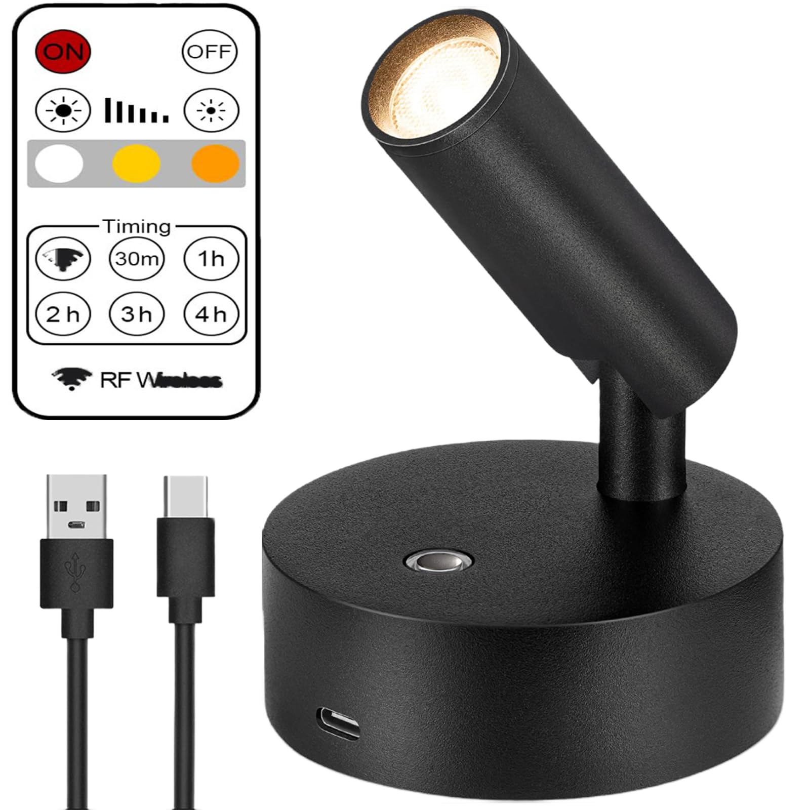 Faretto LED Ricaricabile USB Con Telecomando - Girevole, Dimmerabile, 3 Colori, Senza Fili