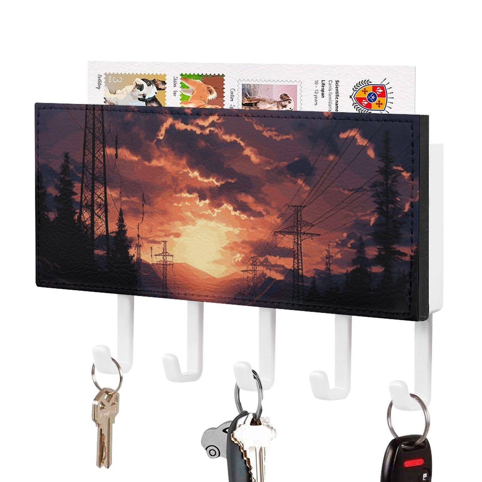 JTREHY Dusk Scenery Holder Wall-Mounted Key and Mail Holder,Key Rack with 5Keys Hooks, Easy to Install Mail Organizer for Entryway, Front Door, Hallway, Office