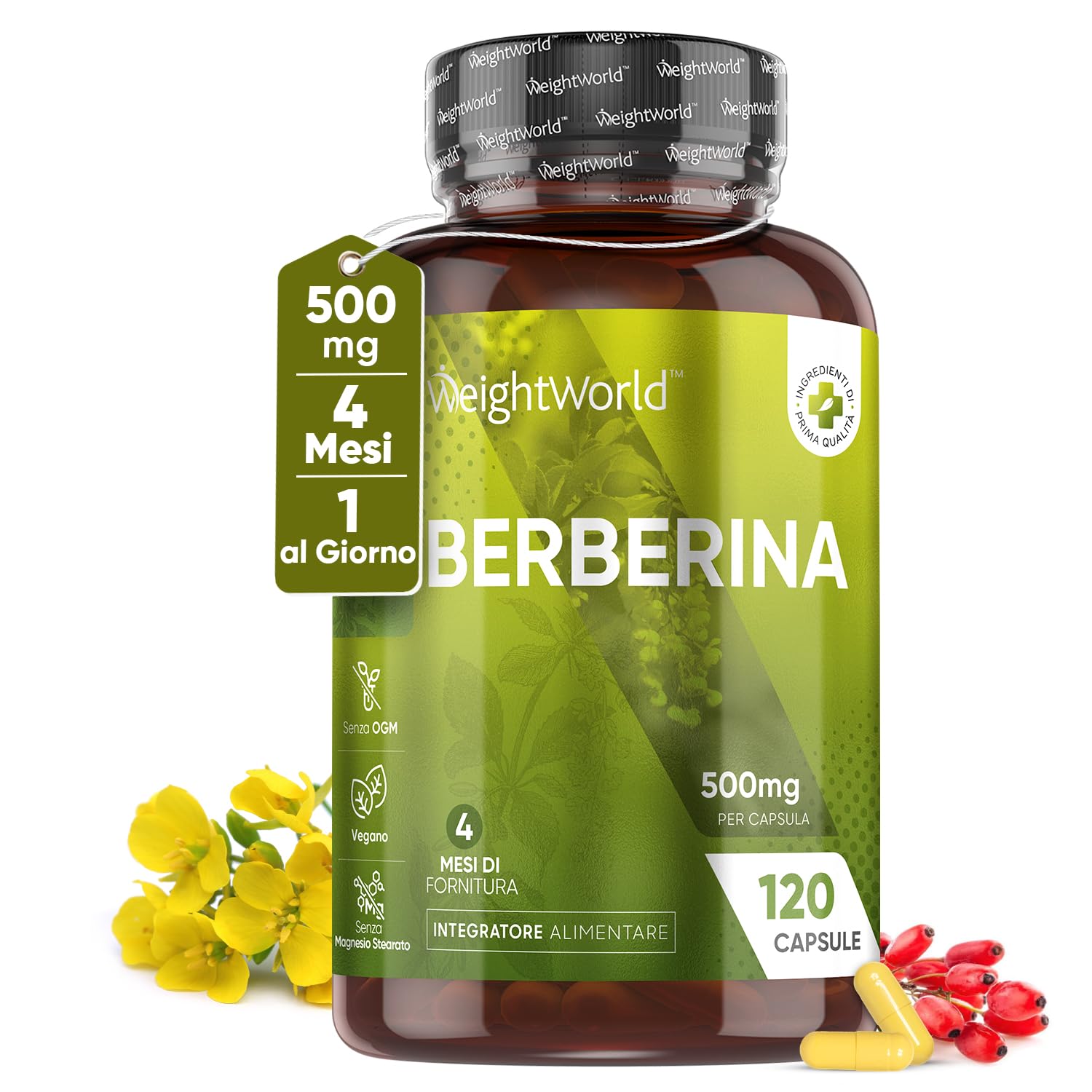 Berberina Alto Dosaggio, 120 Capsule Vegane (per 4 Mesi) di Pura Berberina HCL 95% da Berberis Vulgaris, Senza Magnesio Stearato, Berberina Integratore Senza Glutine né OGM, Integratore Berberina