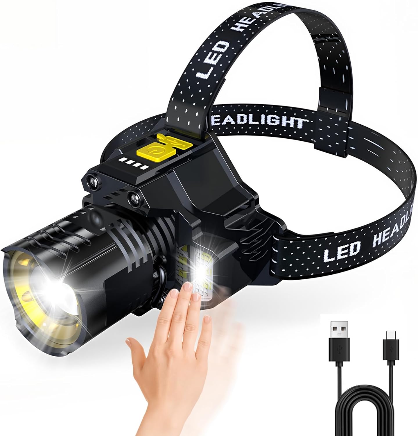 Rechargeable Sensor-Control Headlamp for Adults – Super Bright Head Lights for Forehead with Zoomable Beam