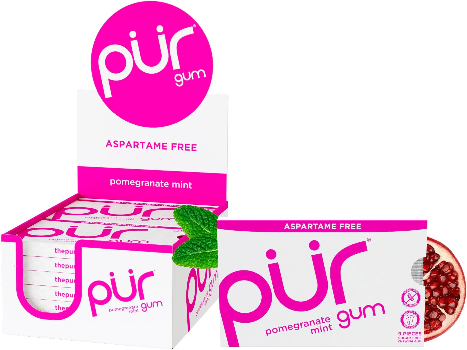 PUR Gum | Aspartame Free Chewing Gum | 100% Xylitol | Natural Pomegranate Mint Flavored Gum, 9 Pieces (Pack of 12)