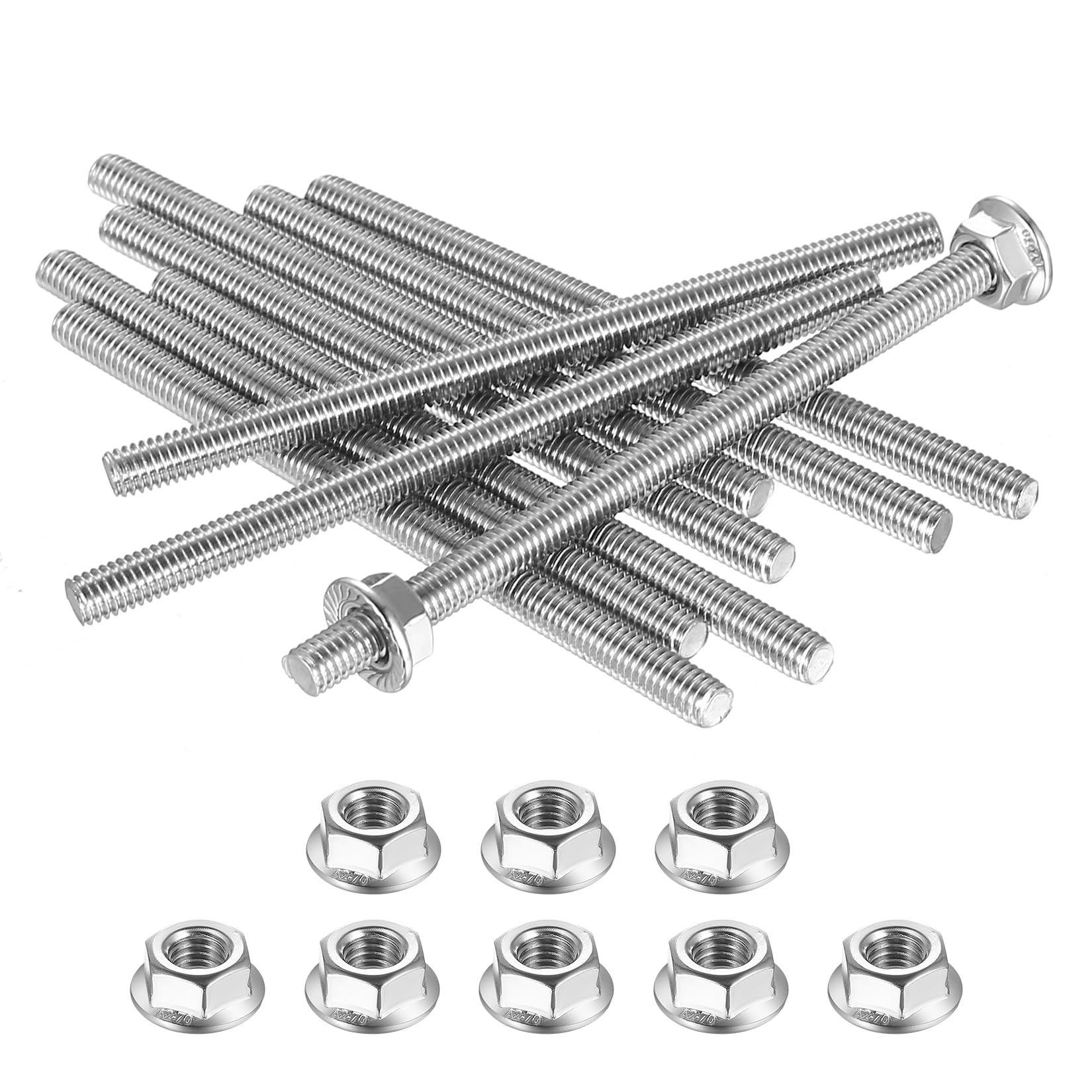 Pręty gwintowane M6 x 100 mm, pręty gwintowane ze stali nierdzewnej A2 V2A, pręty gwintowane ze stali nierdzewnej, z 10 sześciokątnymi nakrętkami kołnierzowymi M6 do budowy mebli, maszyn, produkcji