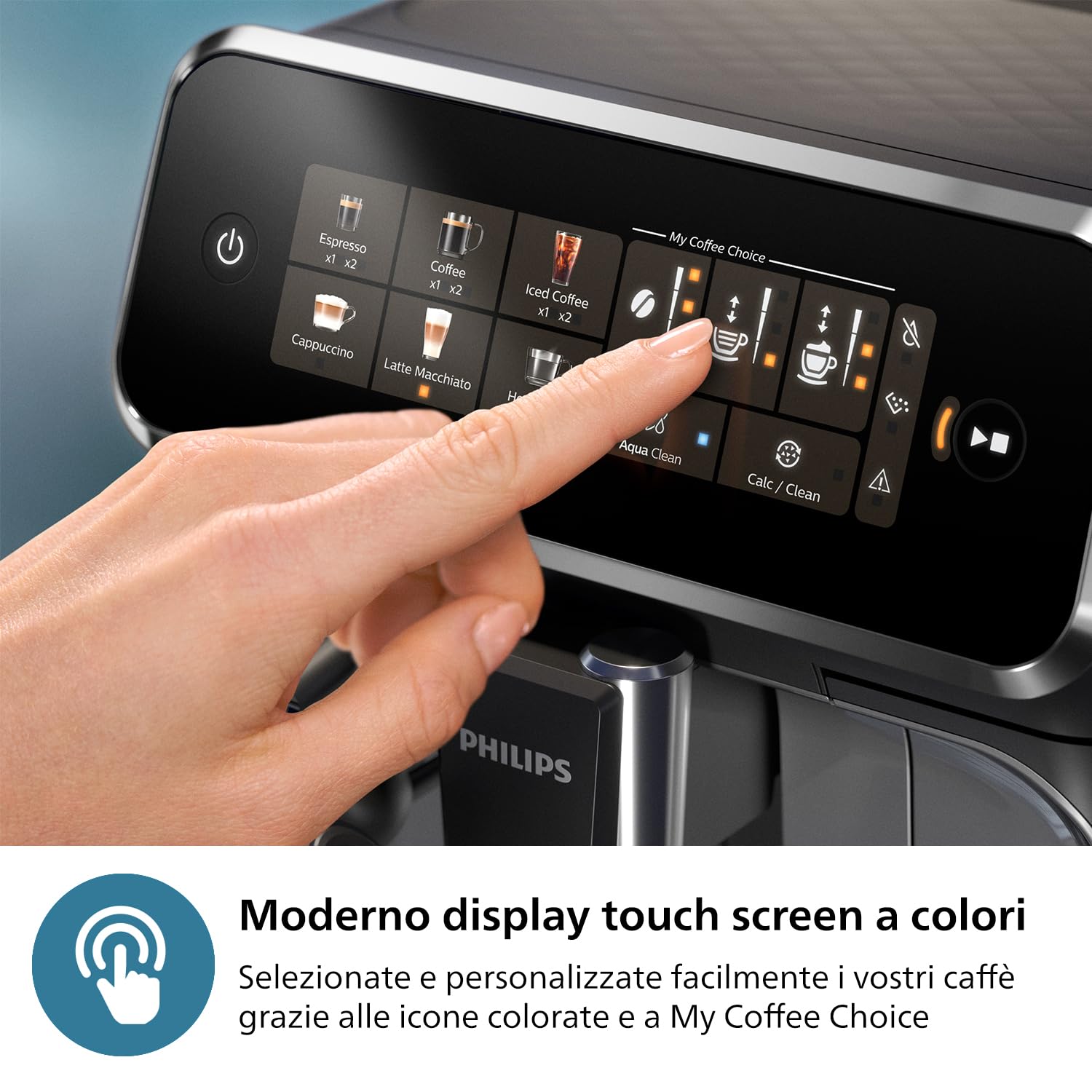 PHILIPS Serie 3300 Macchina da caffè automatica - 5 tipi di bevande, Touch screen a colori, Sistema LatteGo, SilentBrew, Macinacaffè in ceramica al 100%, Filtro AquaClean. Cromato Nero (EP3326/90)