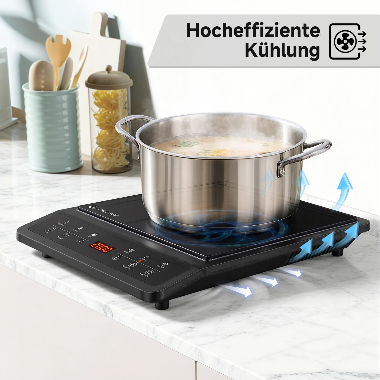AMZCHEF Induktionskochfeld 1 Platte, Tragbares Induktionskochplatte, 20 Temperatureinstellungen und Leistungsstufen, Schlankes Design mit Schwarzer Keramikplatte, Sensorsteuerung, 3H Timer.