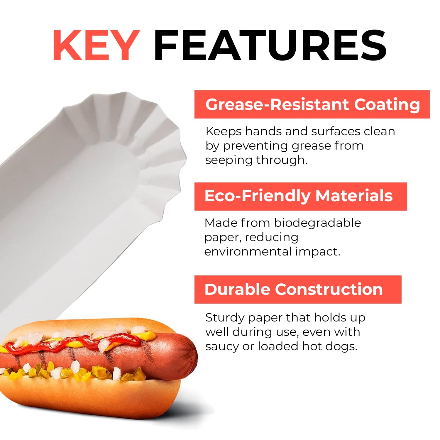 Paper Hot Dog Trays, 100 Count - Disposable Food Trays for Hot Dogs, Fries, and Snacks, White Paper Food containers Disposable Hot Dog Holder for Sandwiches, Street Corn & Picnics