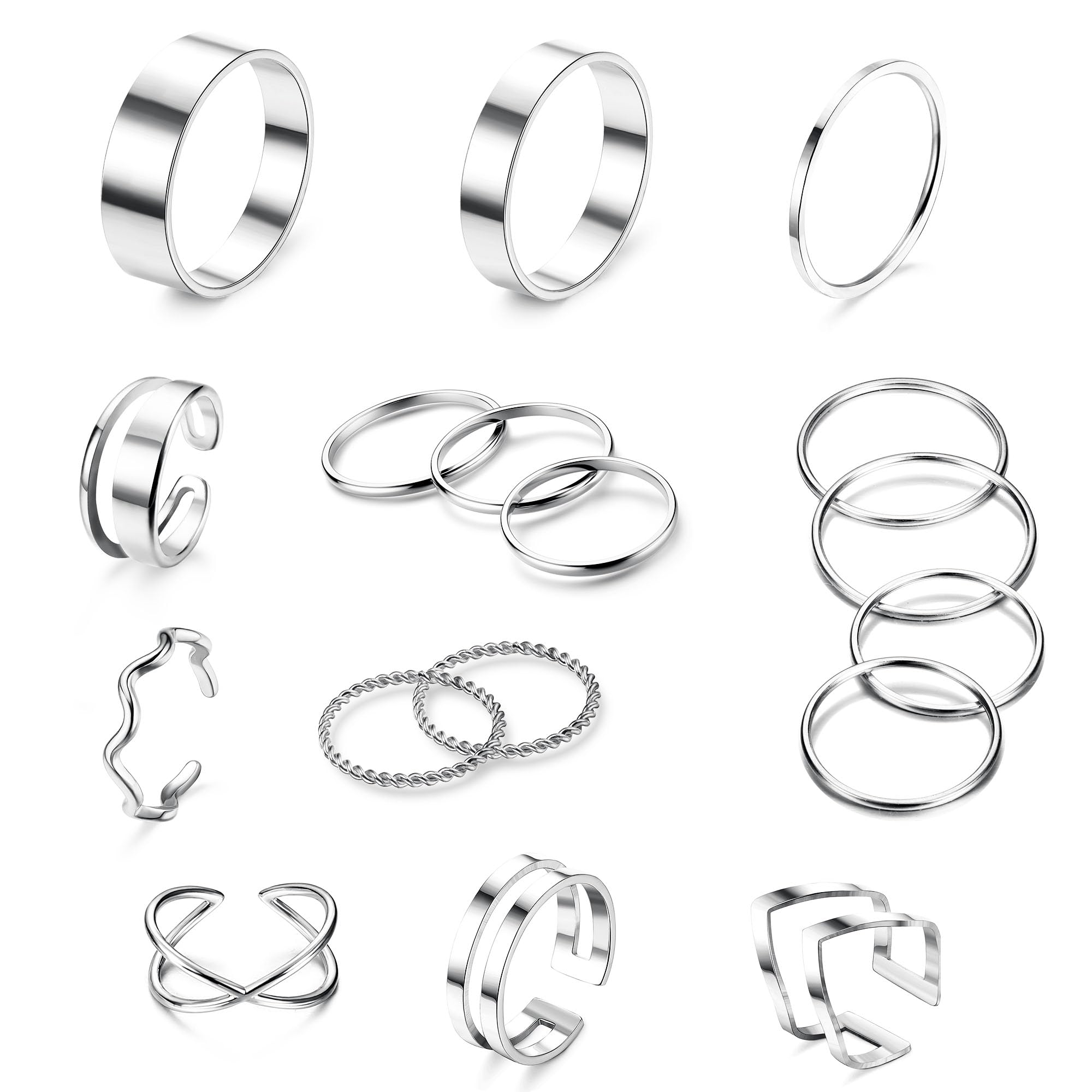 JeweBella17 Piezas Anillos Mujer Acero Inoxidable Anillo Banda Twist Abierta Anillo Nudillo Conjunto Apilable Anillo Pulgar Midi Anillos Plata/Oro