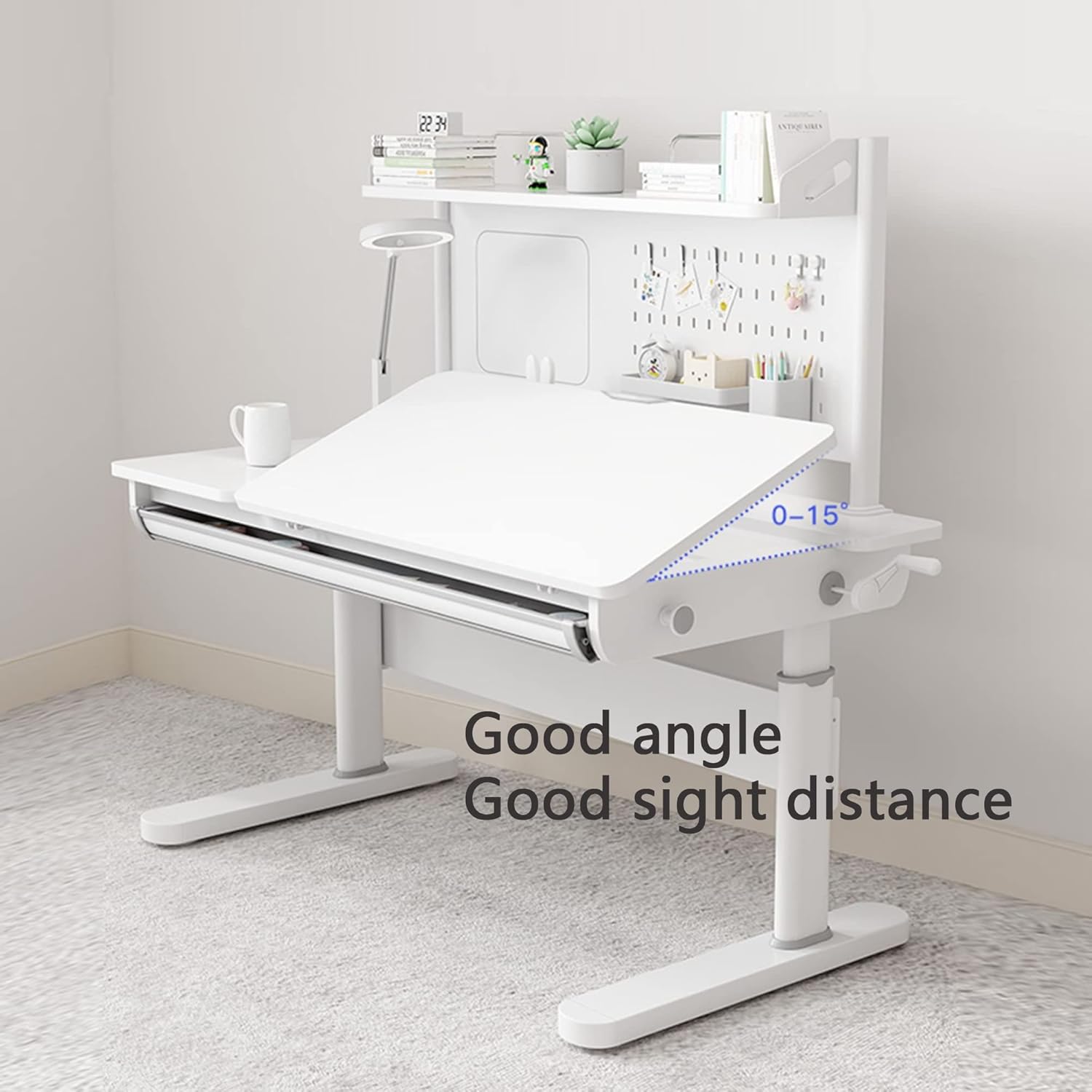 FCD Kids Desk and Chair, Height Adjustable Wood Children Study Desk with Large Shelf, Tiltable Desktop and Pull-Out Drawer, Adjustable Desk Chair (Blue)