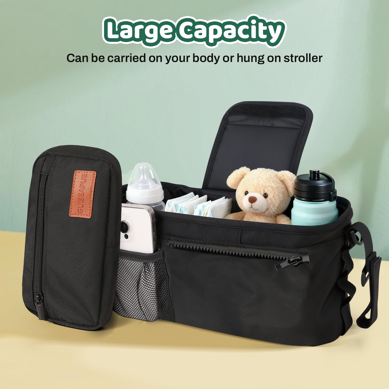Guiseapue Pram Organiser Bag with Cup Holder: Large Capacity Pram Cup Holder with Non Slip Strap, Baby Diaper Bag Universal Pram Accessories, Baby Essentials for Newborn, Gifts for New Mum — view 4