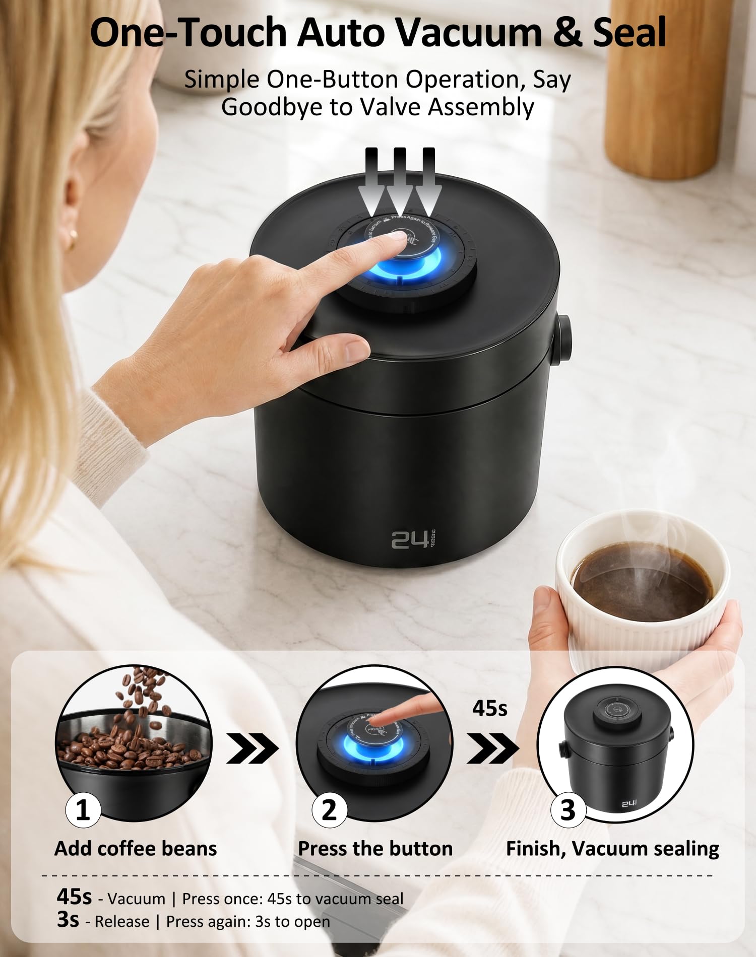 ROTTOGOON Automatischer Vakuum-Kaffeedose, wiederaufladbarer, luftdichter Kaffeebehälter mit 304 Edelstahl-Innenseite, Schaufel, Griff, versiegelte Kaffeebohnen-Aufbewahrungsbehälter für gemahlenen