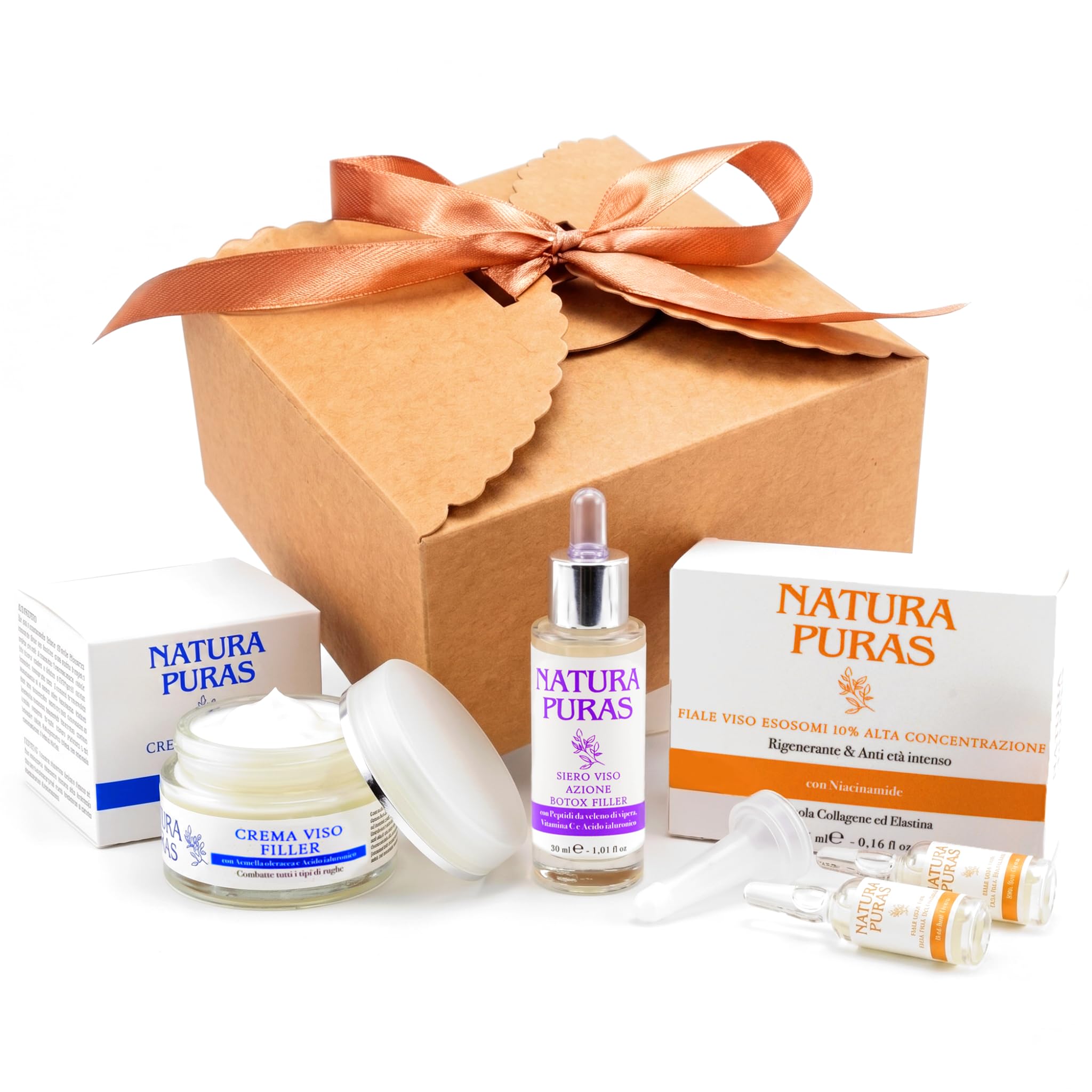 Kit Skincare Viso Anti-Età, Set 3 Prodotti Made in Italy NaturaPuras | Fiale Esosomi 10%, Siero Veleno di Vipera, Crema Filler Lifting Antirughe, Cofanetto Beauty Regalo