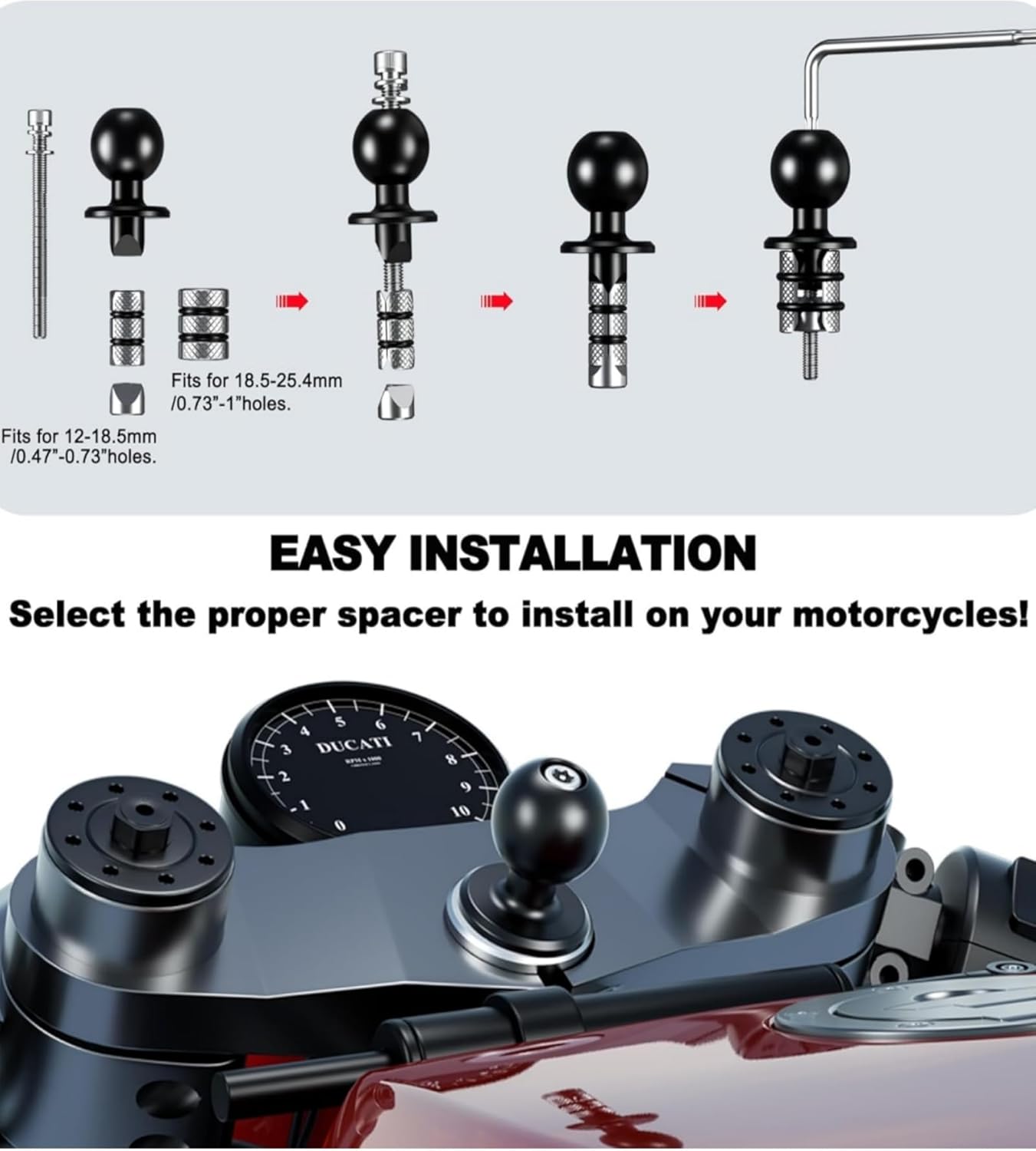 Kewig Motorcycle Fork Stem Phone Mount with Vibration Dampener, Adjustable Heavy Duty Motorcycle Phone Mount Holder Fit Stem Tube 12mm-25.4mm in Diameter, Compatibe with 5.4-7.2" Cellphone