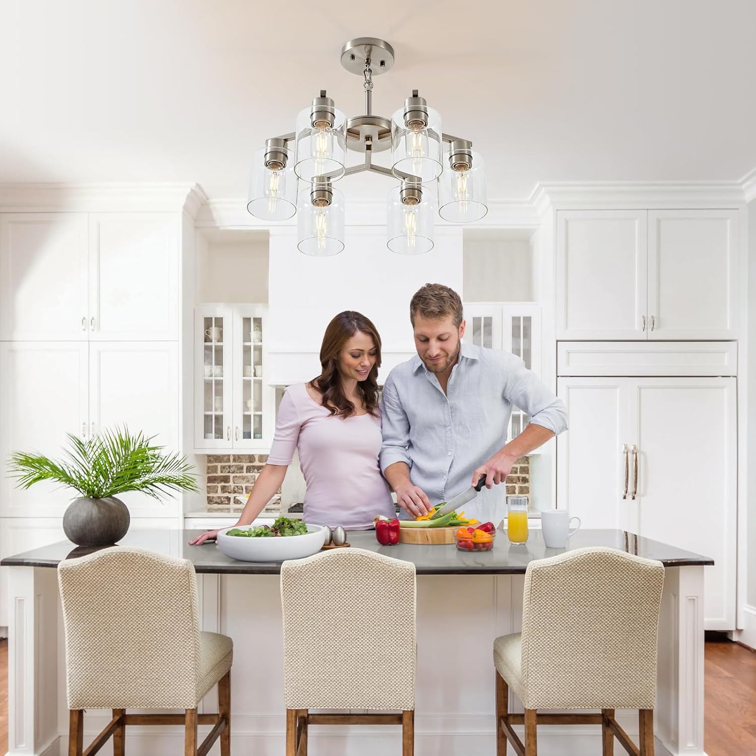 6 Light Chandeliers for Dining Room Light Fixtures Over Table Brushed Nickel Light Fixtures for Dining Room Ceiling Adjustable Height Kitchen Chandelier Over Table with Glass Shades for Kitchen Island
