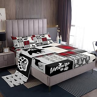 Deer Antlers Sheet Twin Size,Bear Paws Pine Trees Xmas Bedding Set for Kids Boys Girls Adults Room Decor,Lattices Patchwork Rustic Farmhouse Red Bed Sheet Set 3pcs(Fitted + Flat + 1 Pillowcase)