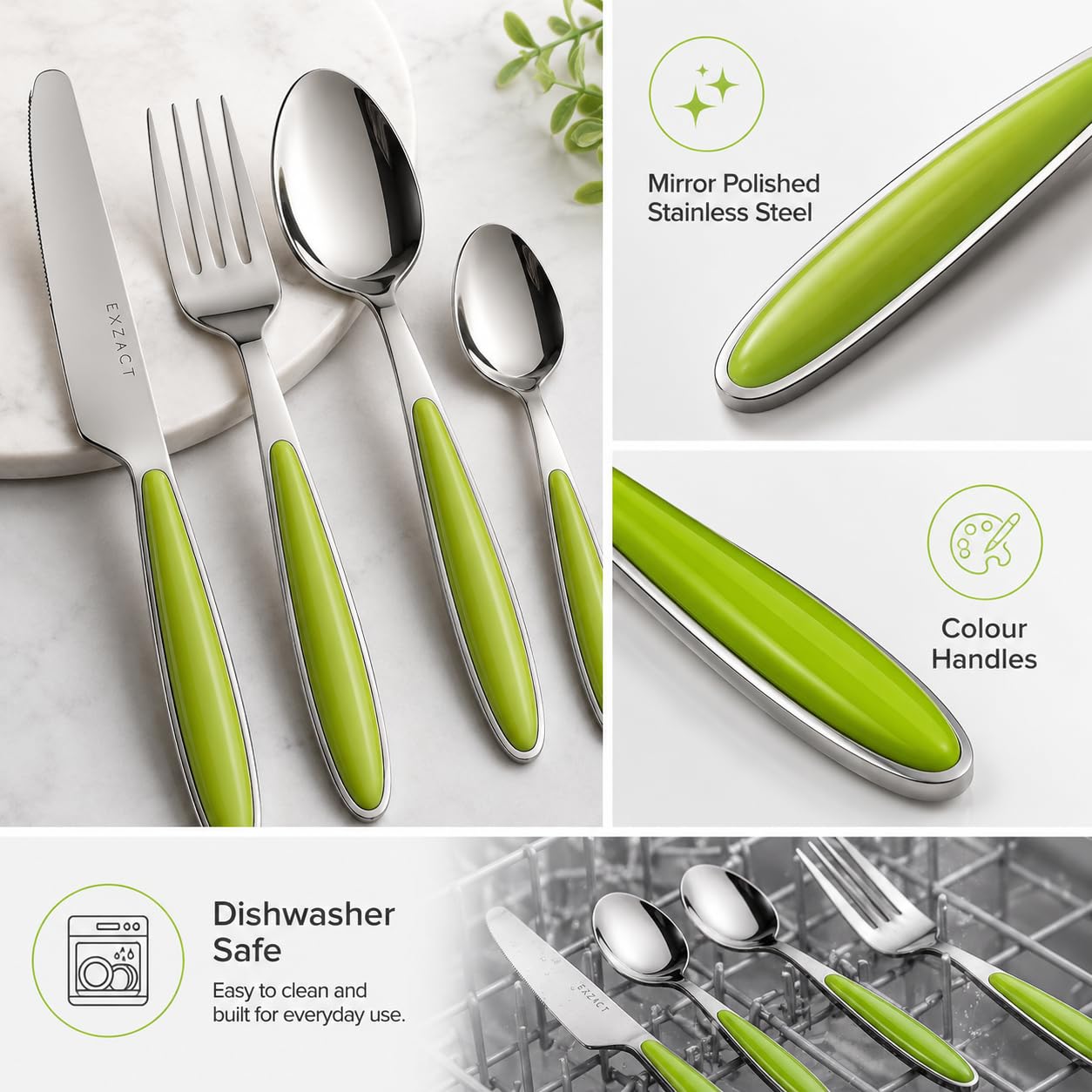 EXZACT Rostfrei Stahl Besteck Set einem Plastikhalter 16 PCS - Farbige Griffe - 4 Gabeln, 4 Messer, 4 Löffel, 4 Teelöffel - Grün (EX07 x 16)