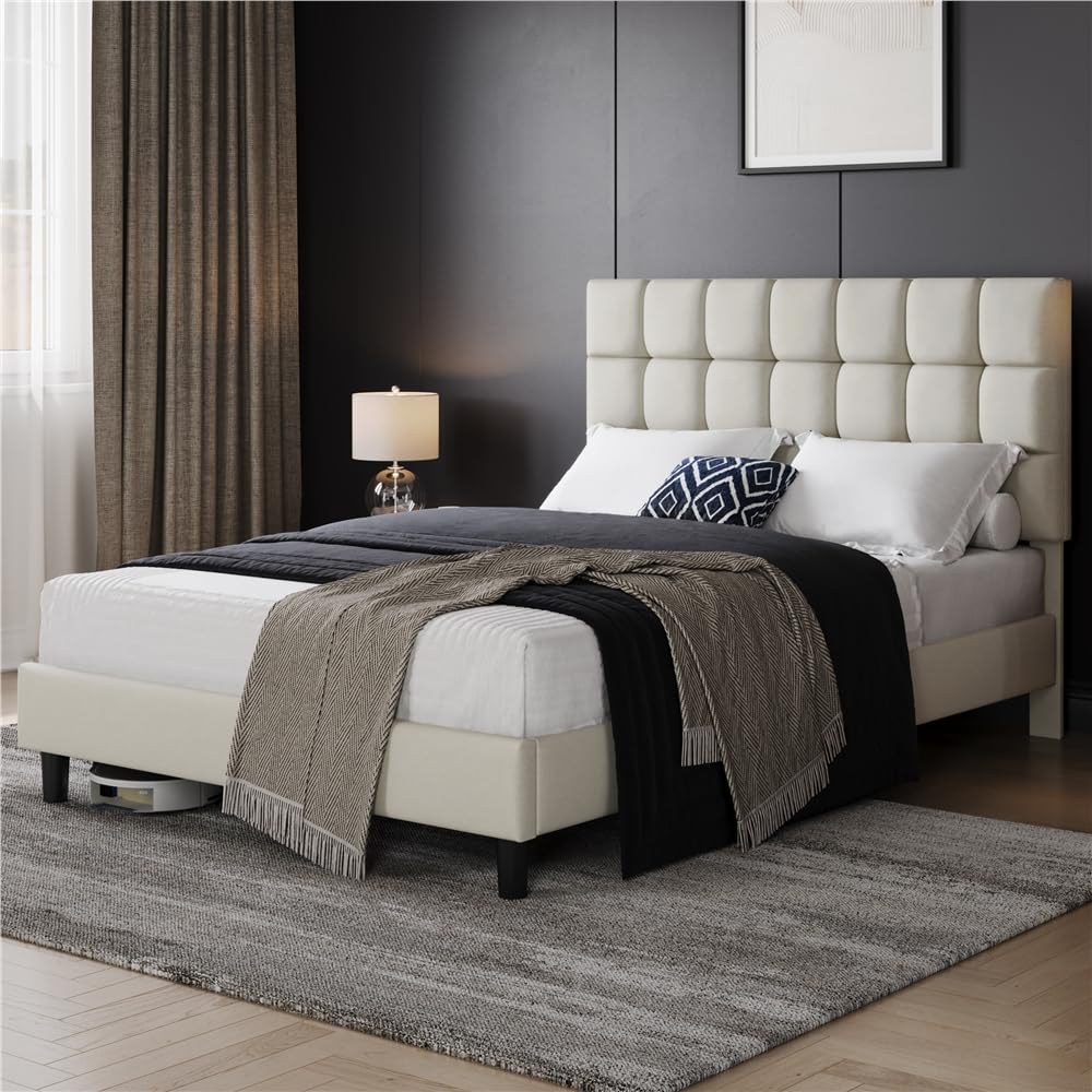 Yaheetech Marco de Cama Doble Acolchado Cuadrado 140×200cm Cabecero Ajustable en Altura con Base de Listones Color Beige