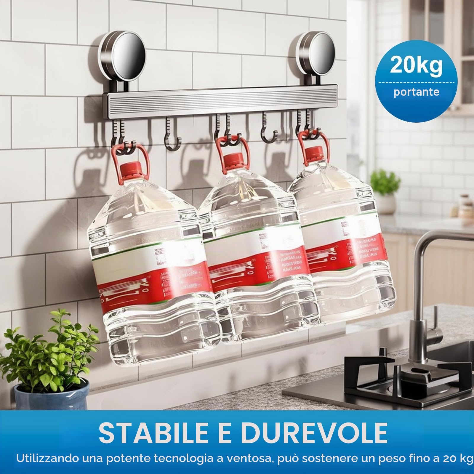 Porta Utensili da Cucina con Ventosa | Lunghezza 40 cm, portata 10 kg, 8 ganci mobili | Barra da cucina per utensili da cucina, camera da letto, bagno