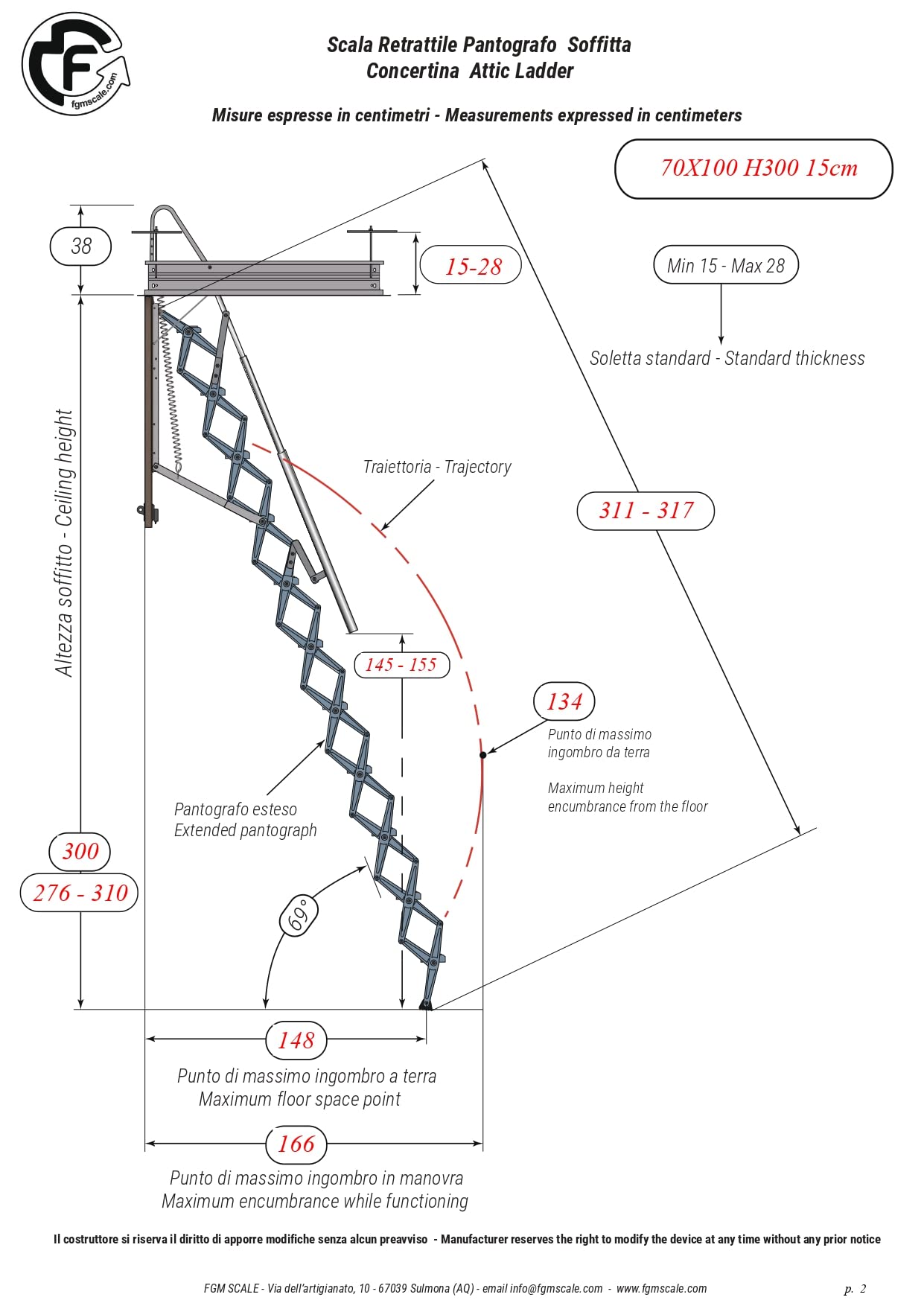 Scala Retrattile Manuale Pantografo Soffitta | Discesa Gradino Lato 70 | Misura 70x80 H=276-300 cm