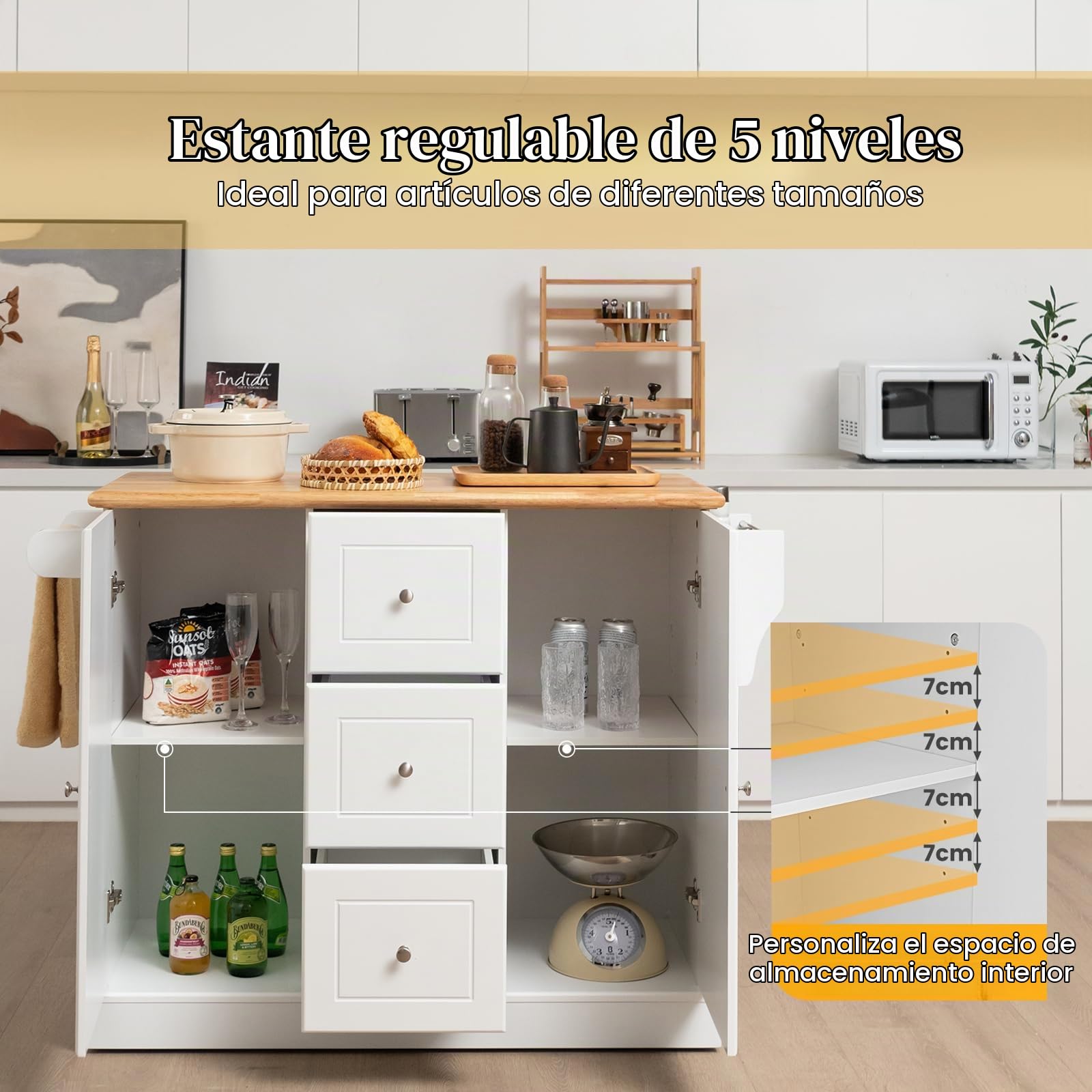 KOMFOTTEU Carro de Cocina con 5 Ruedas, Isla de Cocina con Encimera de Madera de Caucho, Carro de Servicio con 2 Armarios, 3 Cajones, Especiero y Toallero, Aparador para Salón, Comedor (Blanco)