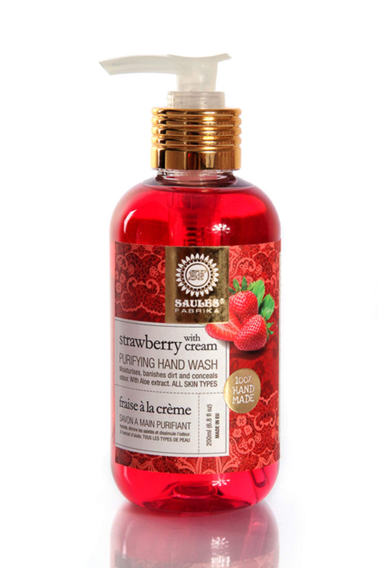 SAULES Hand Wash Strawberries and Cream for All Skin Types, Gently Cleanses Skin with Aloe Extract, Natural & Handmade, Paraben Free, Made in EU 200 ml