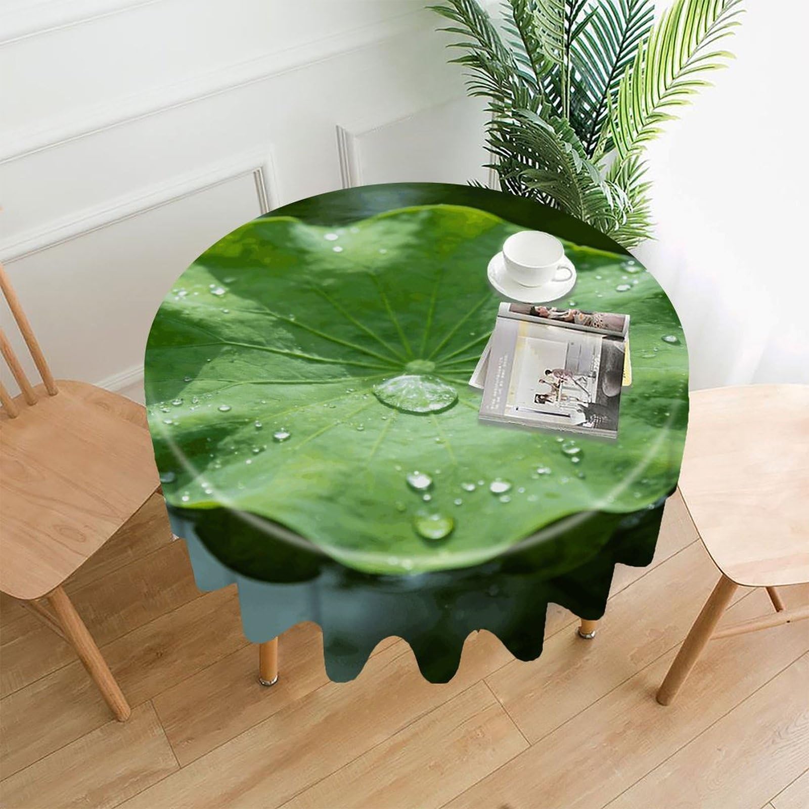 LZQPOEAS Green Lotus Leaf Tablecloth Easy to Clean Polyester Round Table Cover Washable Round Table Cloth Wrinkle-Free Circle Decoration Tablecloth for Kitchen and Dining Room 60"