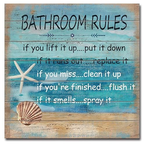 Seashells Bathroom Rules Wall Sign for Bathroom Decor, Funny Bathroom Wall Decor Wall Art For Beach House, Cute Beach Sign Plaque- 12 x 12 Inchs - Image 4