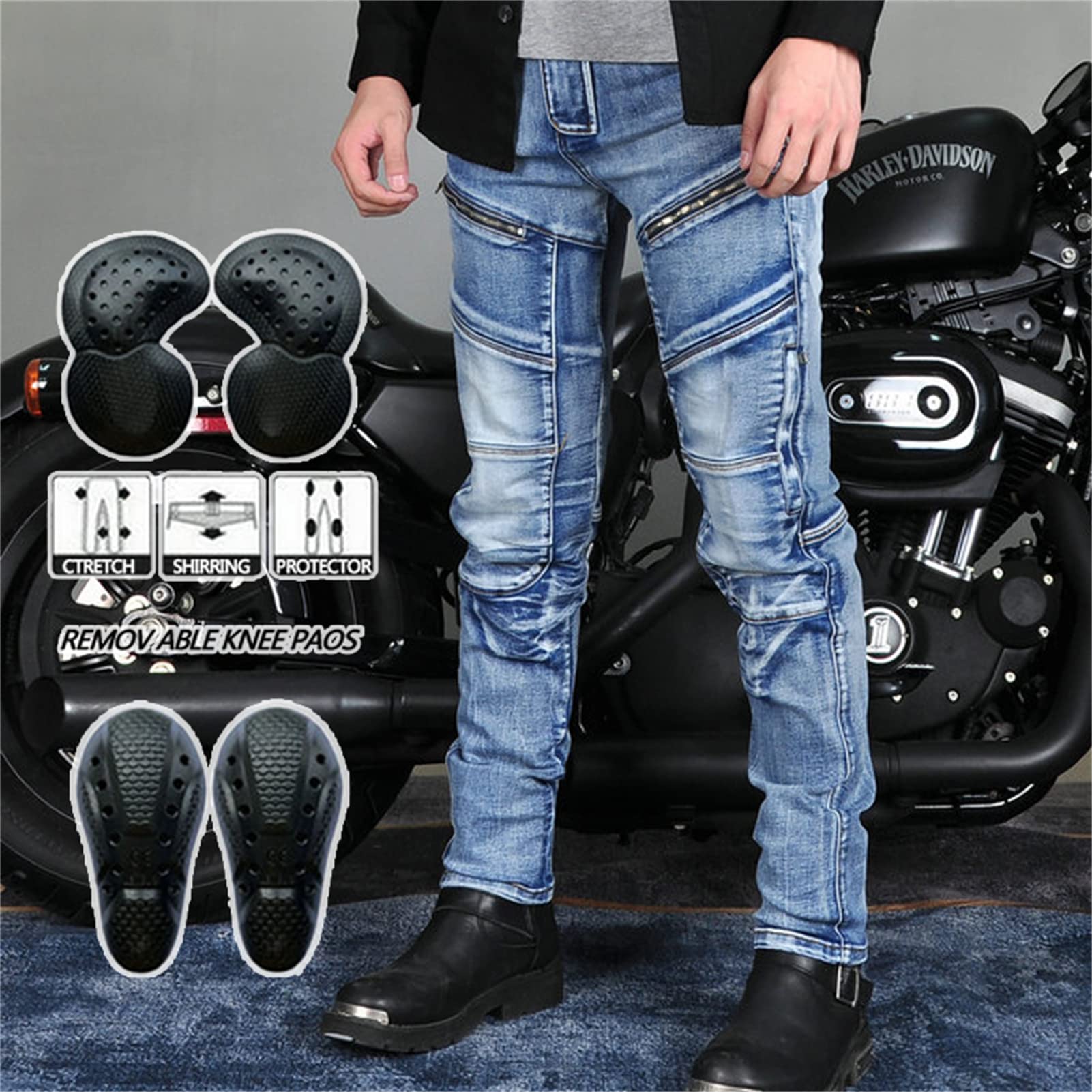 Motorrad-Jeanshose Für Herren,Reißfester Sturzfeste Jeans mit Abnehmbar Rüstung Knie-Hüftpolster, Motorradhose Für Motorradrennfahrer
