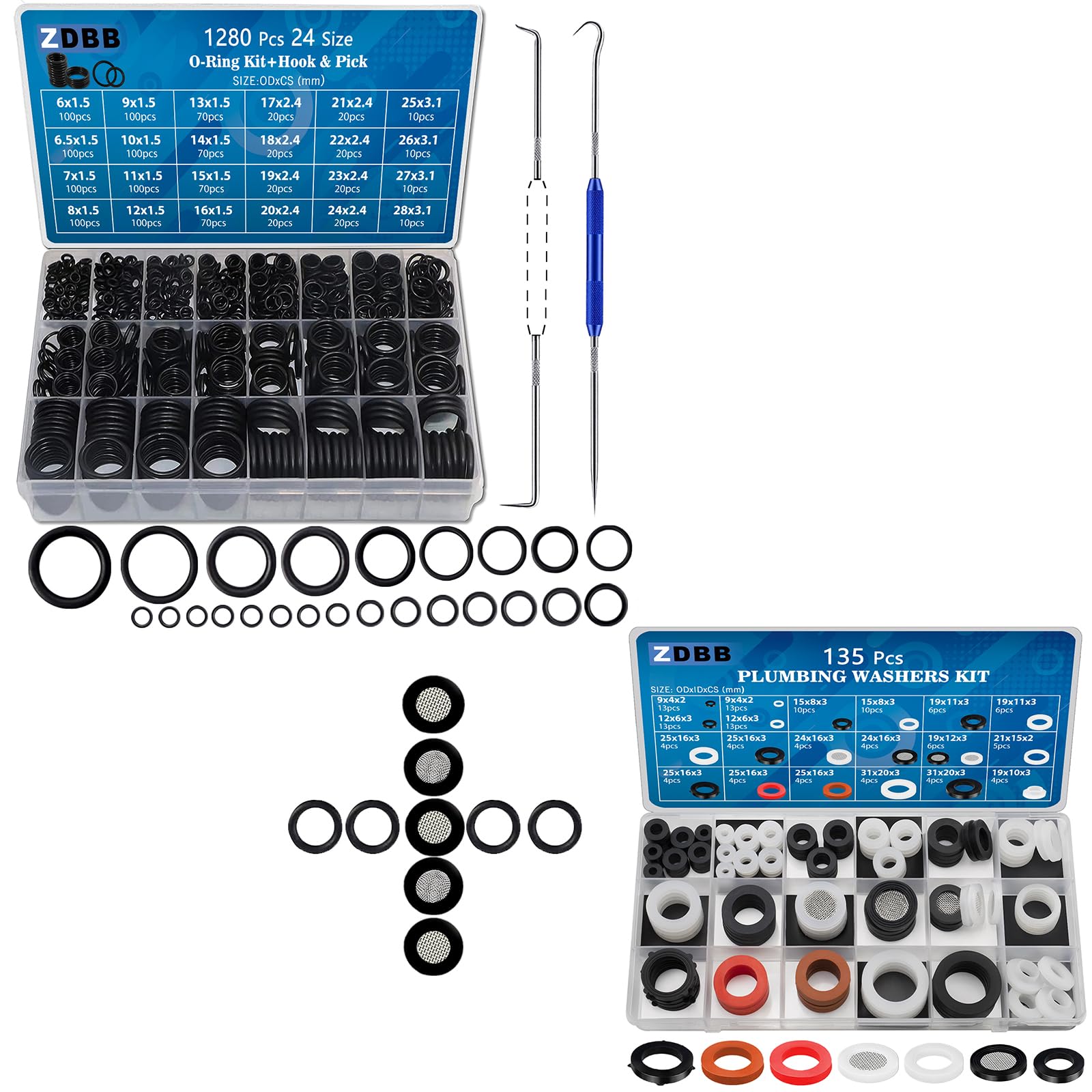 ZDBB 1395PCS 24 Size O Ring Kit+16 Size Rubber Washers Assortment Kit for Plumbing Faucet Water Pipe Garden Hose Washers Shower Heads Gasket Repair and Air or Gas Connections