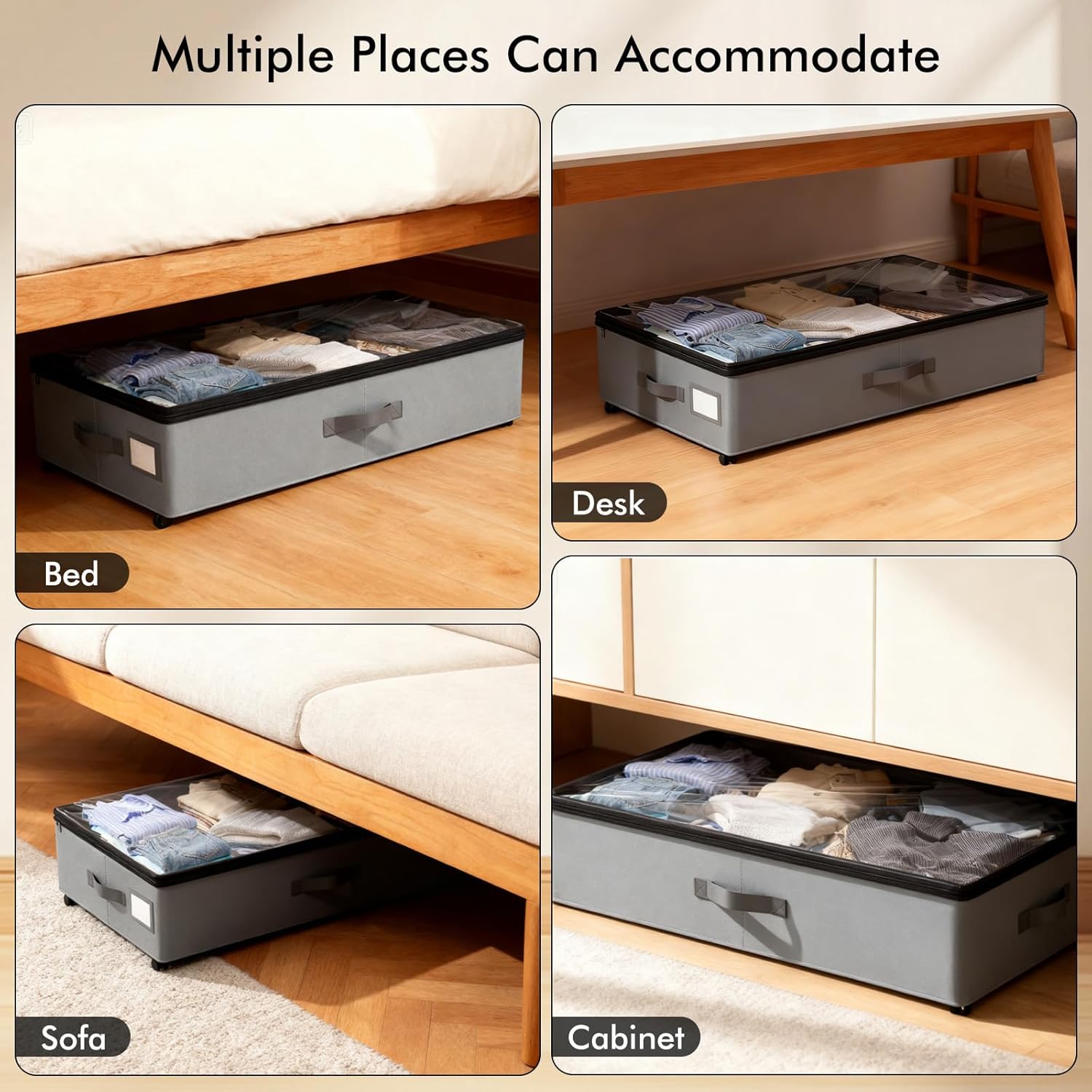 2-Pack Under Bed Storage Containers with Wheels, 75L Each Underbed Storage Organizer with Clear Handles, Collapsible Under Bed Storage Boxes for Clothes, Bedding, Max Load 80 LBS, Gray